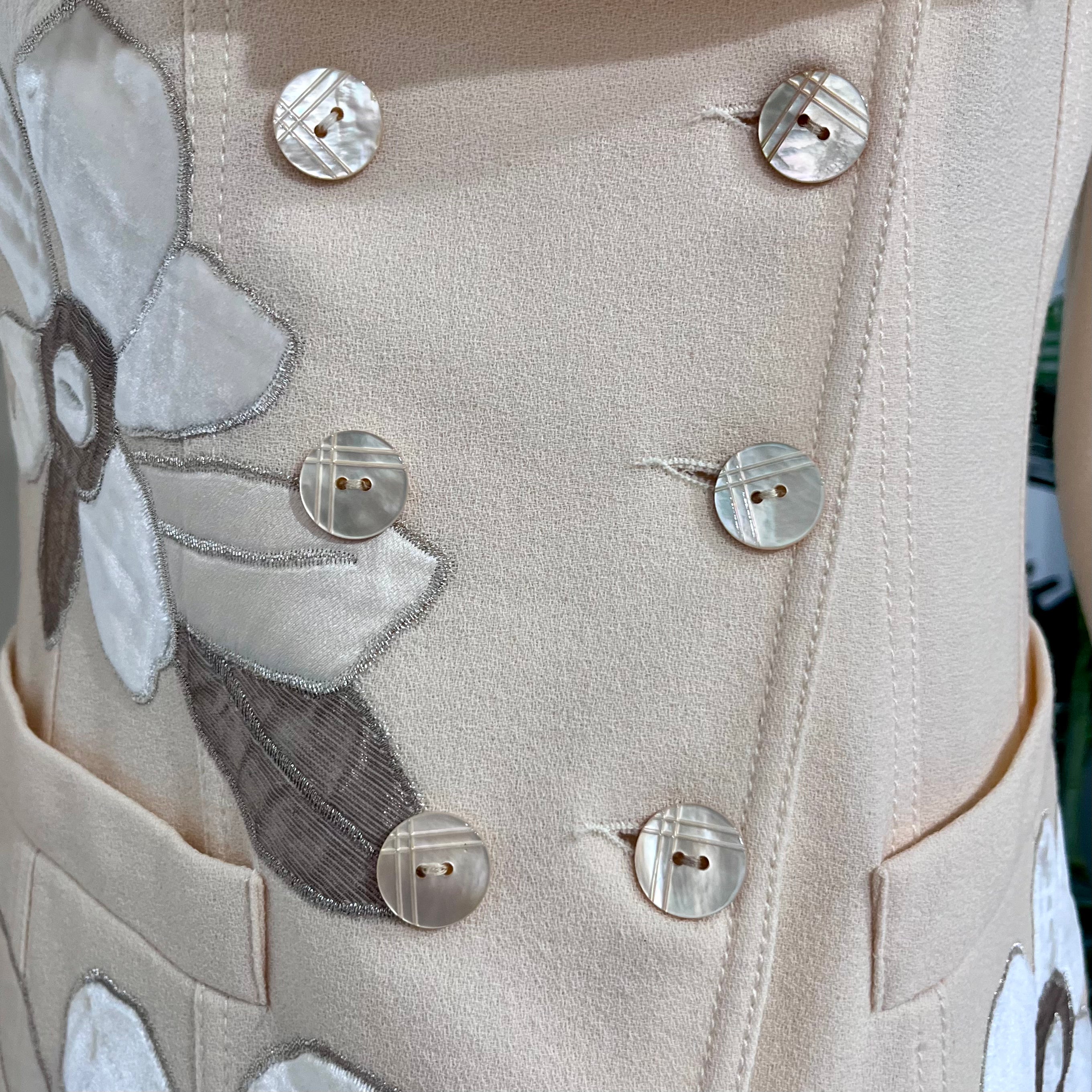 John Galliano Cream Wool Classic Jacket with Floral Embroidered Appliqués