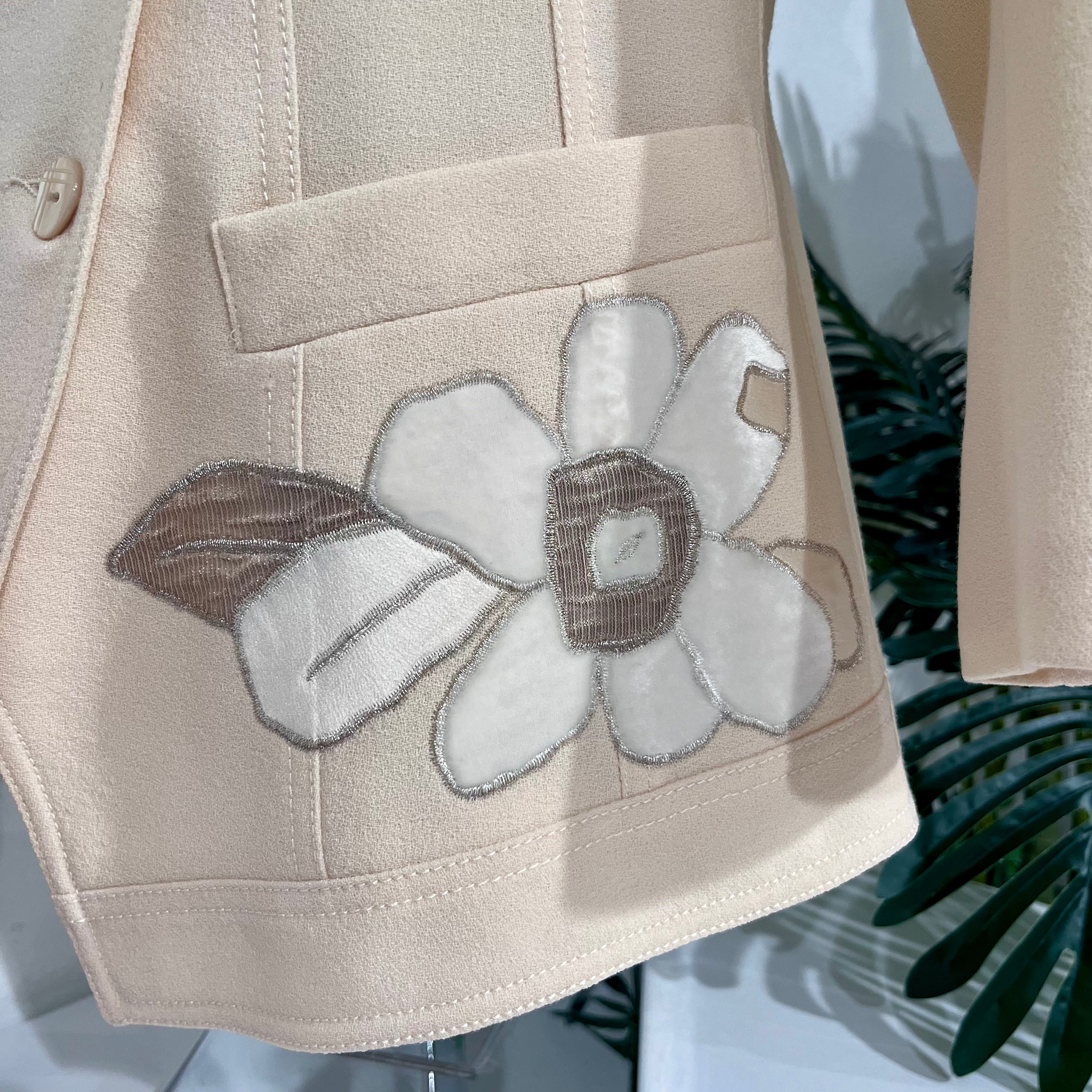 John Galliano Cream Wool Classic Jacket with Floral Embroidered Appliqués
