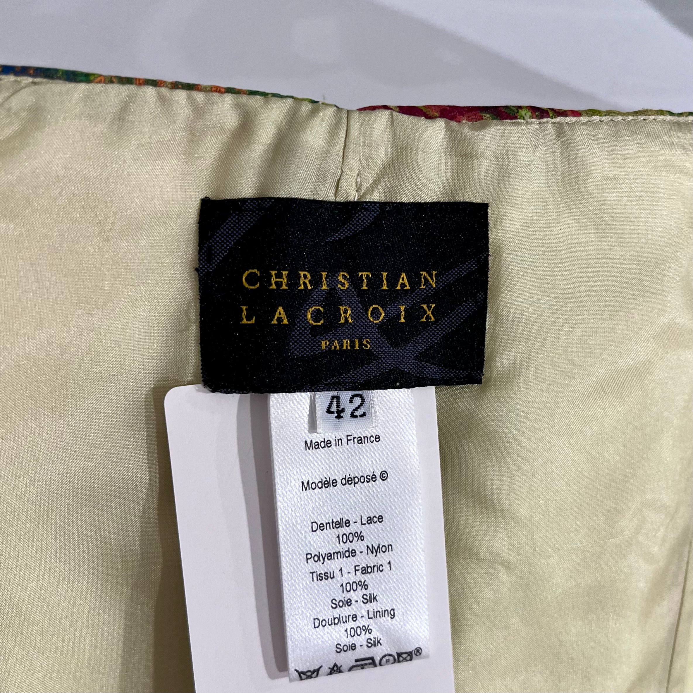 Christian Lacroix Vintage Green & Burgundy Floral Silk Strapless Corset Top