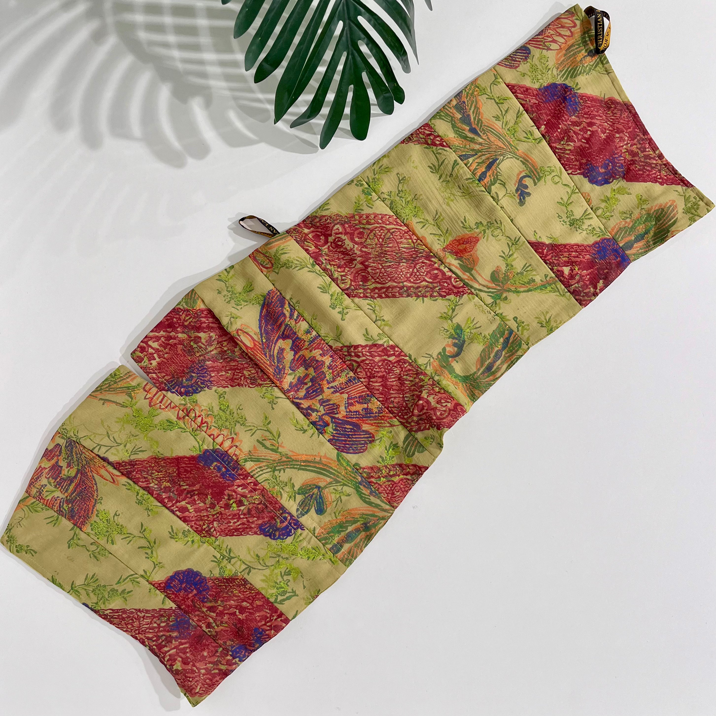 Christian Lacroix Vintage Green & Burgundy Floral Silk Strapless Corset Top