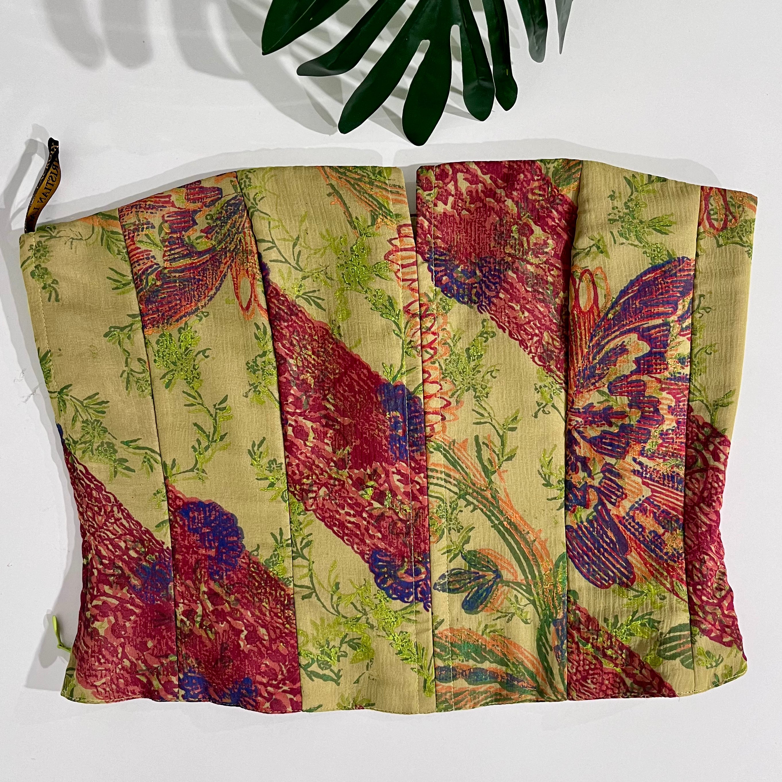 Christian Lacroix Vintage Green & Burgundy Floral Silk Strapless Corset Top