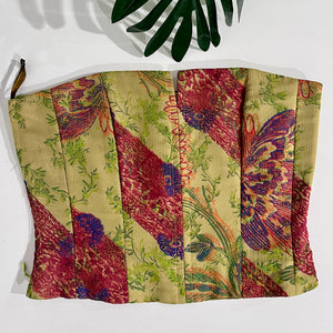 Christian Lacroix Vintage Green & Burgundy Floral Silk Strapless Corset Top