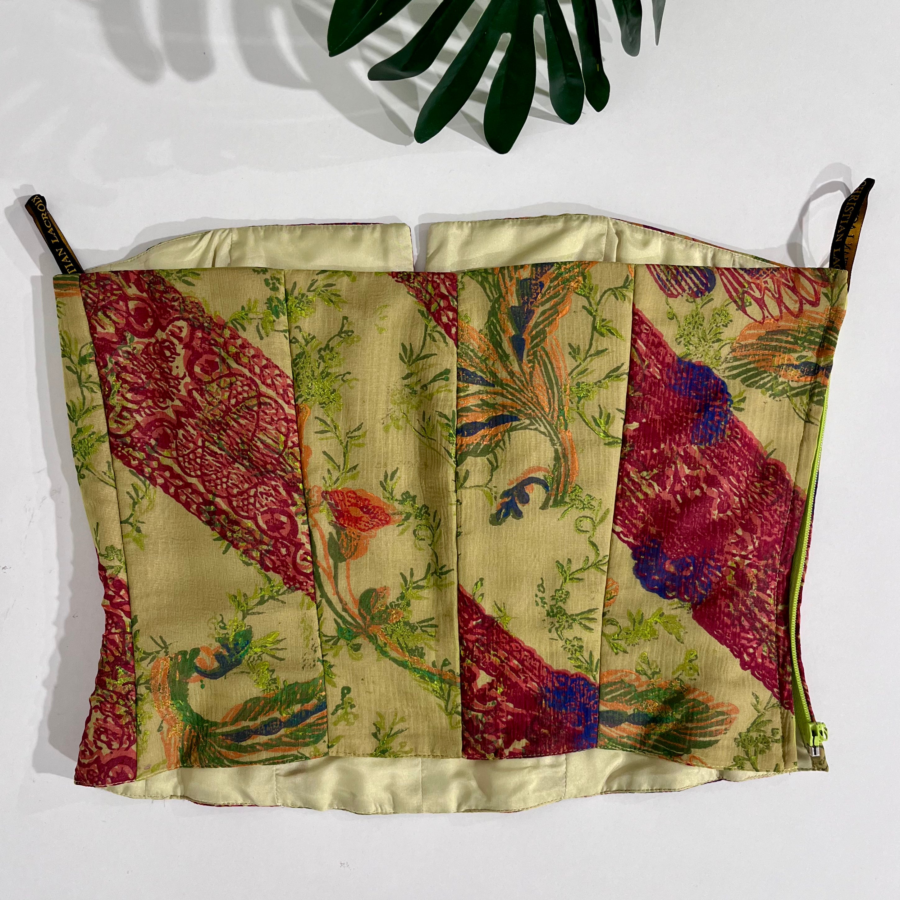 Christian Lacroix Vintage Green & Burgundy Floral Silk Strapless Corset Top