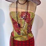 Christian Lacroix Vintage Green & Burgundy Floral Silk Strapless Corset Top