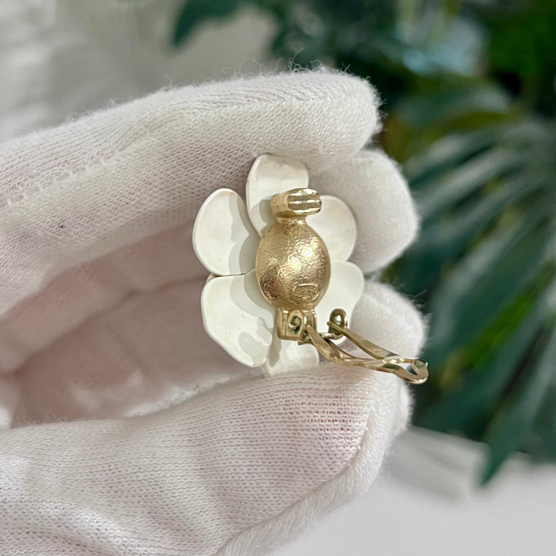 Chanel 09A White Enamel Camellia Flower Clip On Earrings