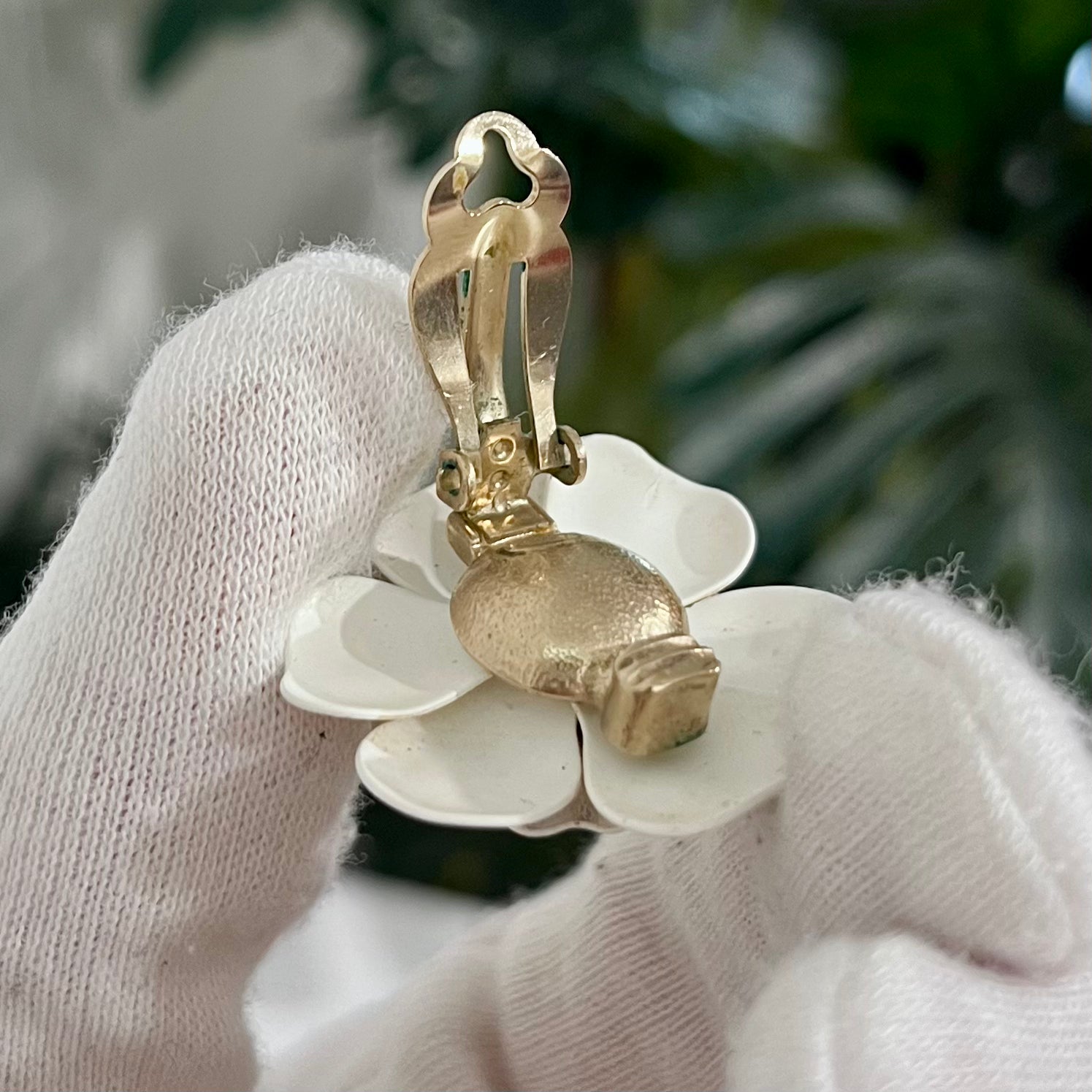 Chanel 09A White Enamel Camellia Flower Clip On Earrings