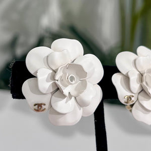 Chanel 09A White Enamel Camellia Flower Clip On Earrings