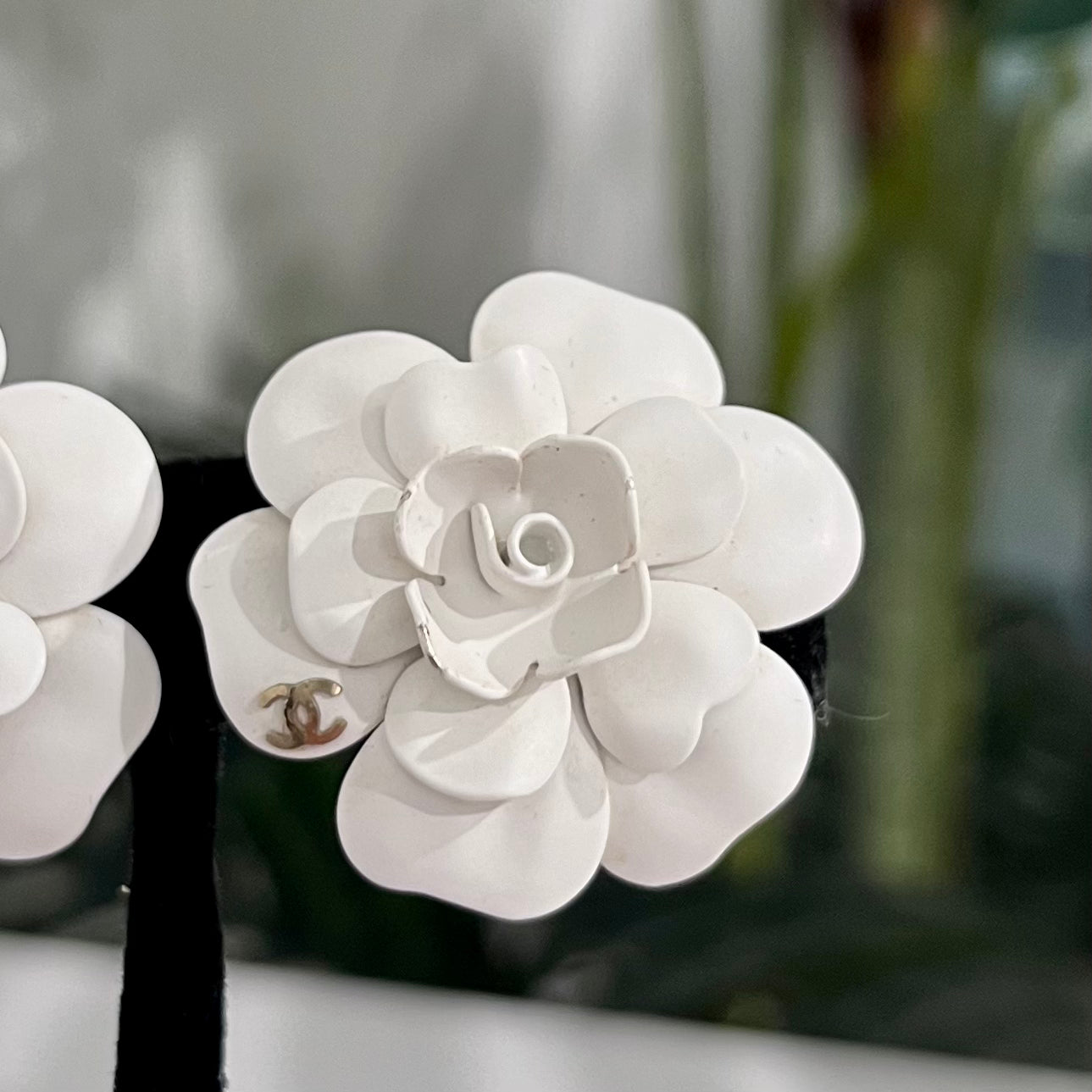 Chanel 09A White Enamel Camellia Flower Clip On Earrings