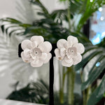 Chanel 09A White Enamel Camellia Flower Clip On Earrings