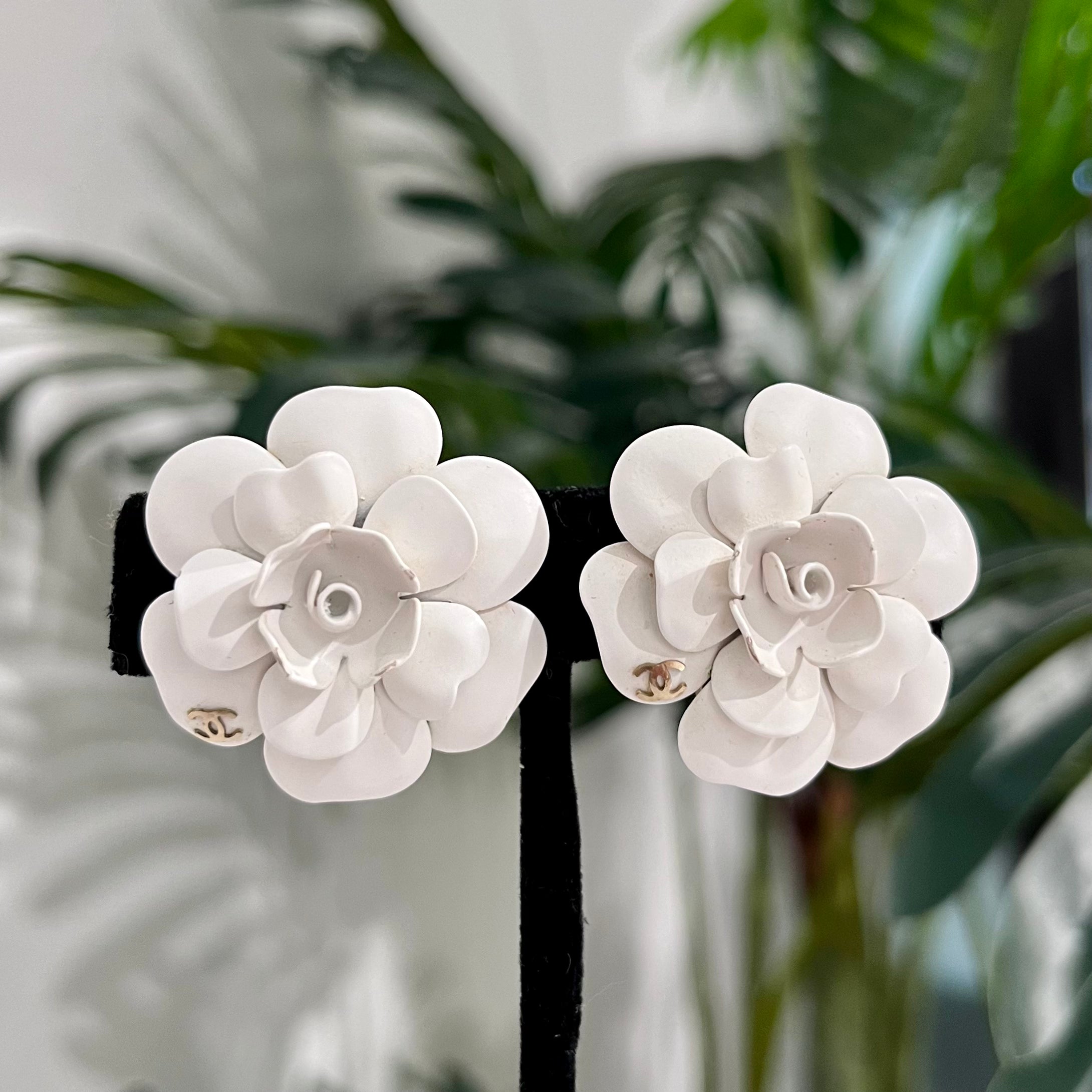 Chanel 09A White Enamel Camellia Flower Clip On Earrings