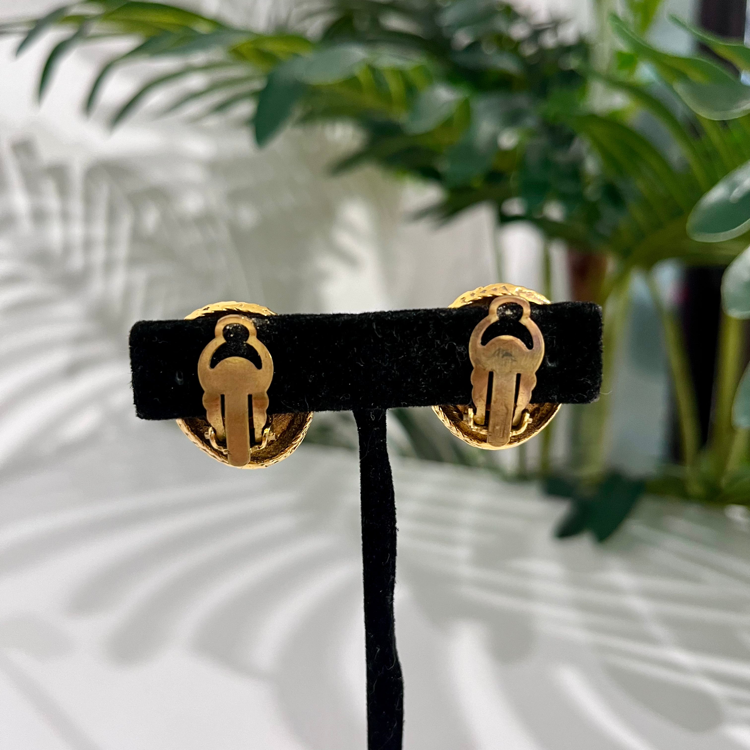 Chanel Vintage Gold Tone Oval CC Logo Clip Earrings
