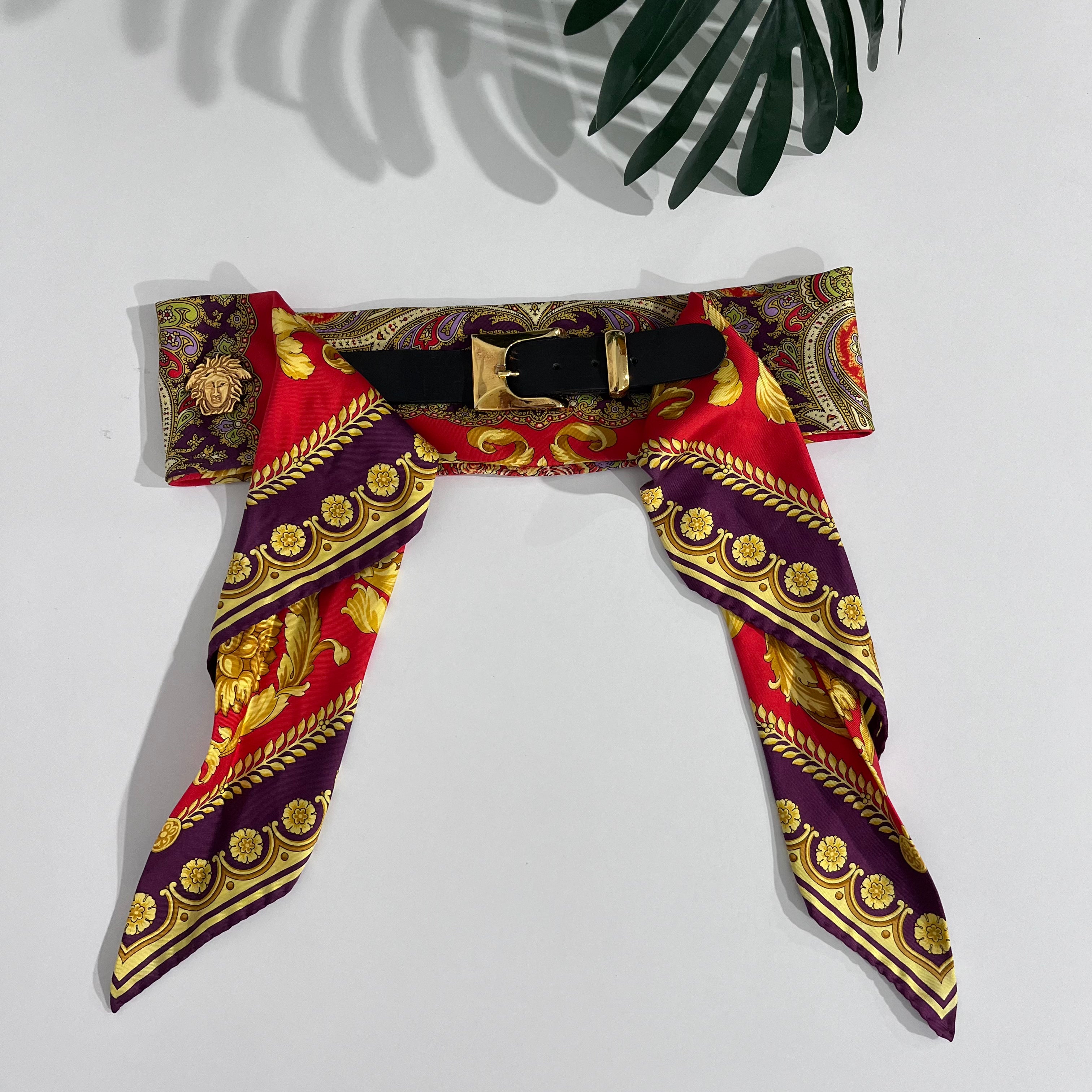 Vintage Gianni Versace Red & Gold Baroque Silk Belt with Medusa Medallions