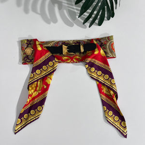 Vintage Gianni Versace Red & Gold Baroque Silk Belt with Medusa Medallions