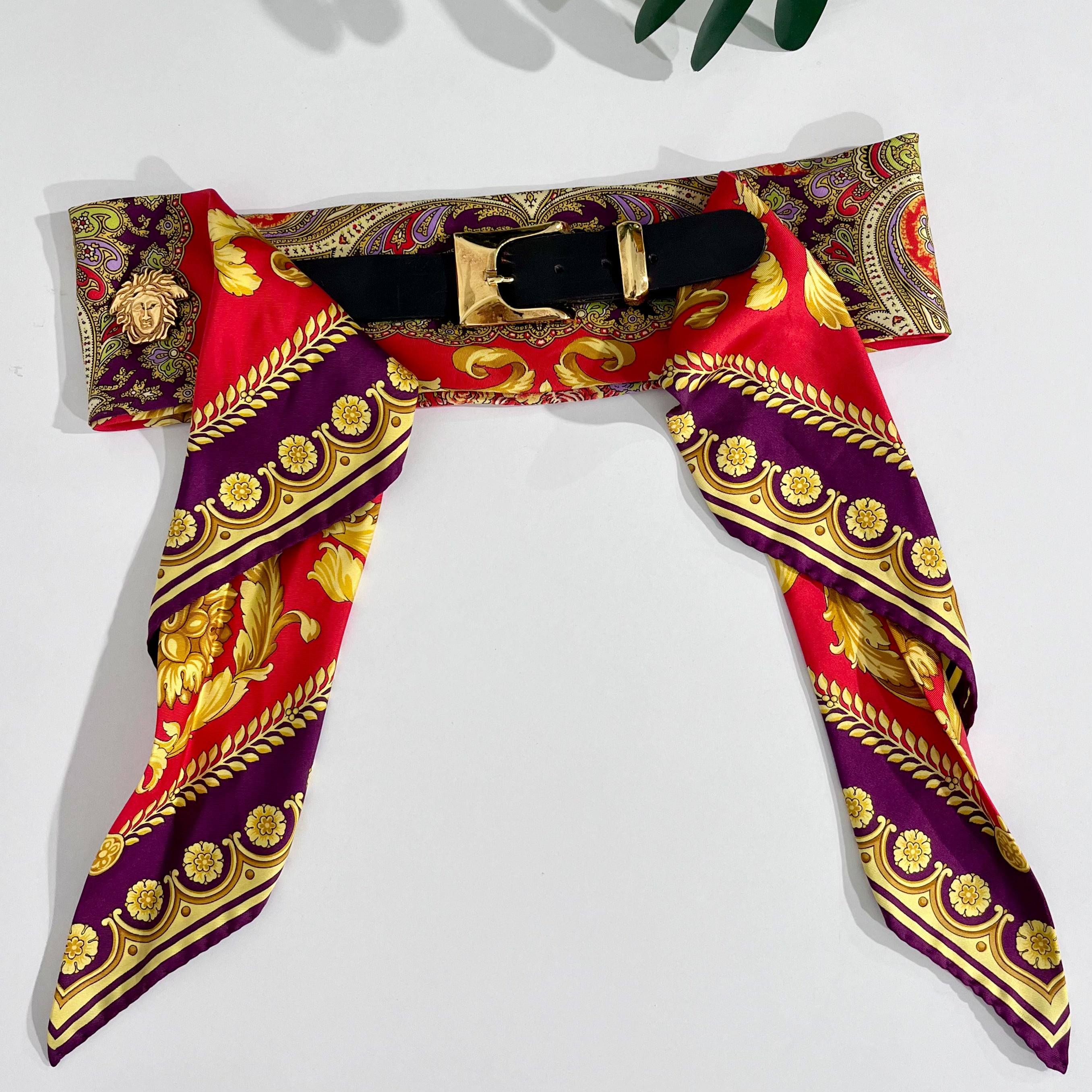 Vintage Gianni Versace Red & Gold Baroque Silk Belt with Medusa Medallions