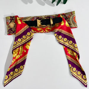Vintage Gianni Versace Red & Gold Baroque Silk Belt with Medusa Medallions