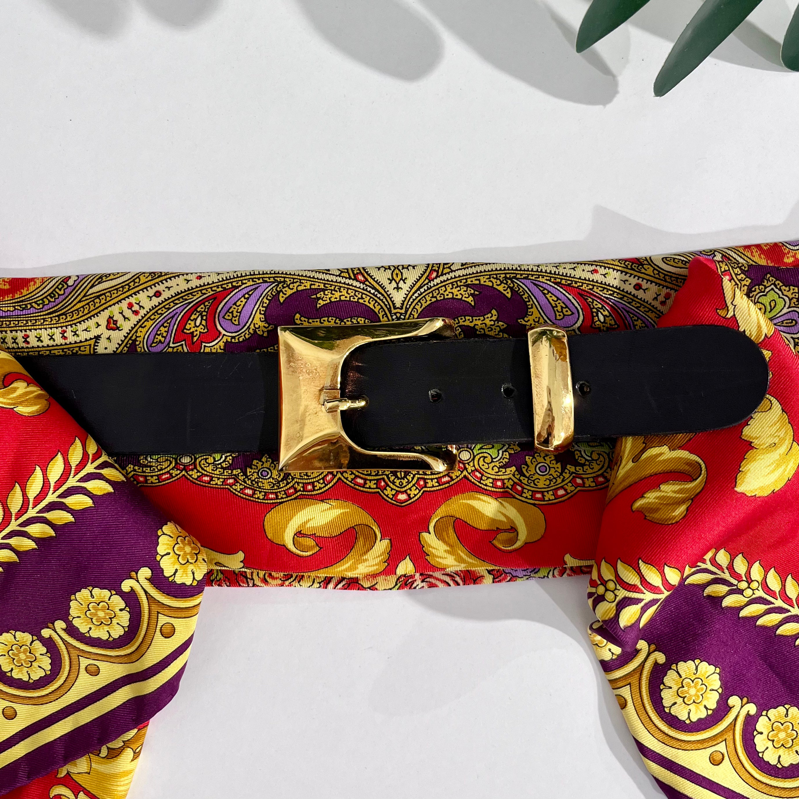 Vintage Gianni Versace Red & Gold Baroque Silk Belt with Medusa Medallions