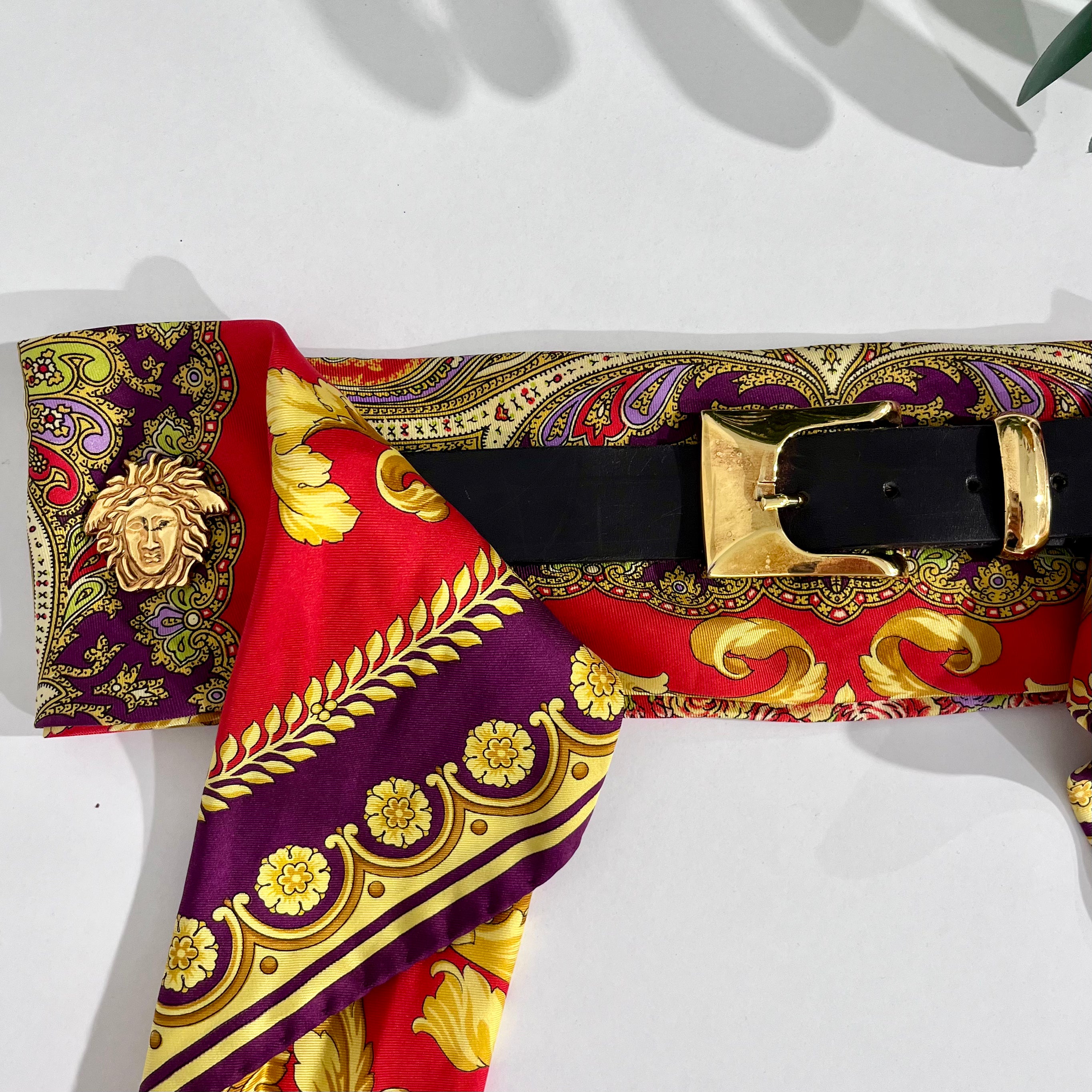 Vintage Gianni Versace Red & Gold Baroque Silk Belt with Medusa Medallions