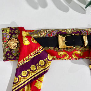 Vintage Gianni Versace Red & Gold Baroque Silk Belt with Medusa Medallions
