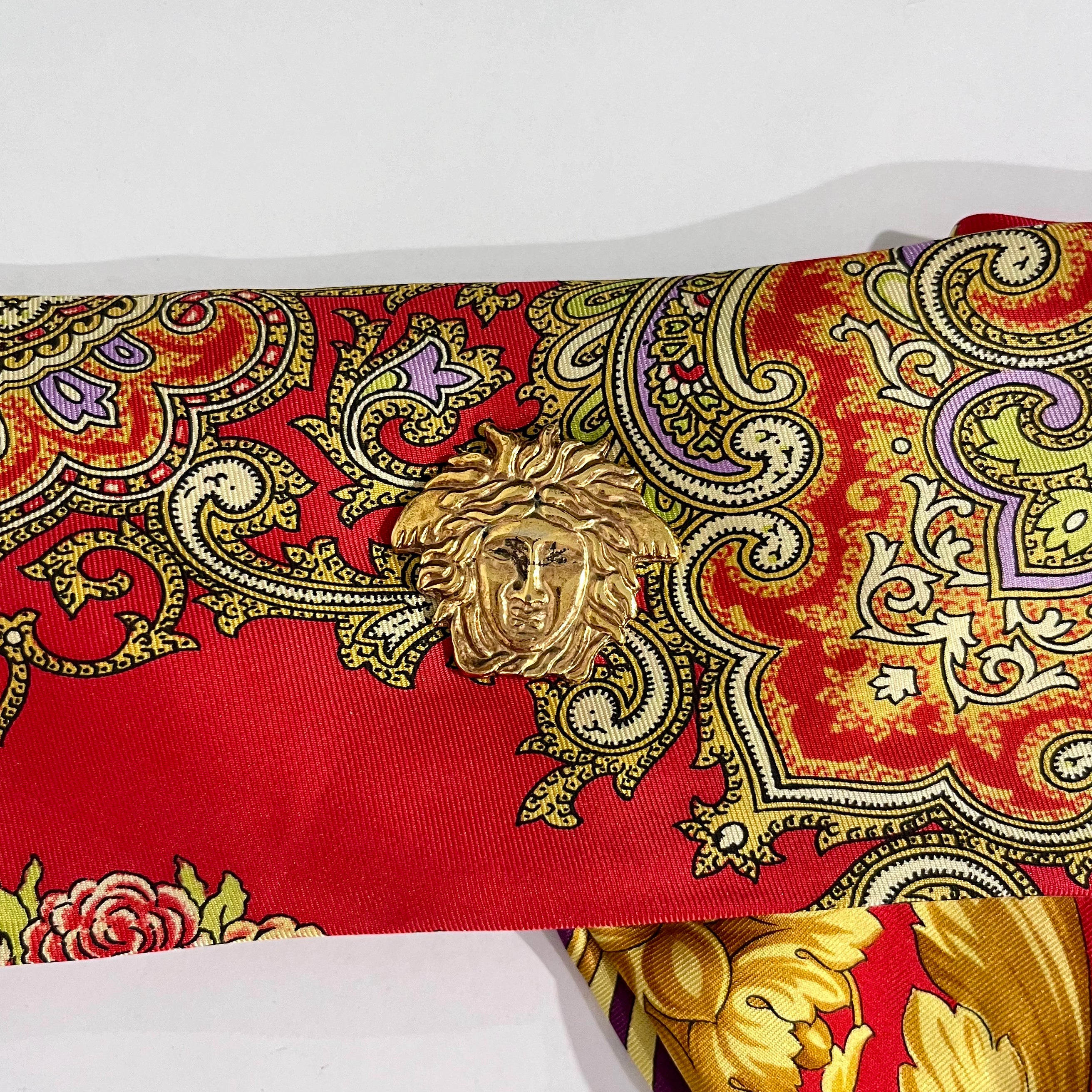 Vintage Gianni Versace Red & Gold Baroque Silk Belt with Medusa Medallions