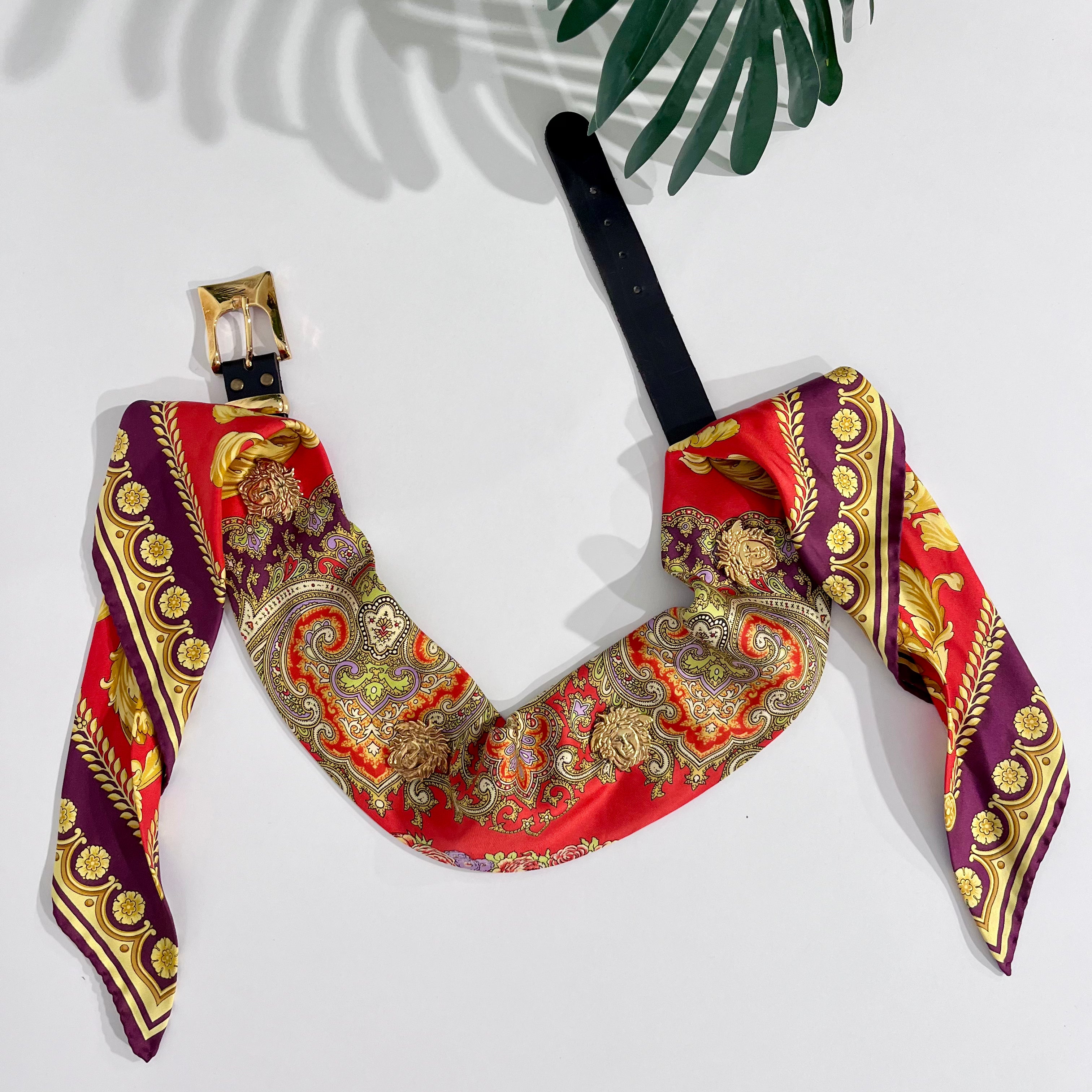 Vintage Gianni Versace Red & Gold Baroque Silk Belt with Medusa Medallions