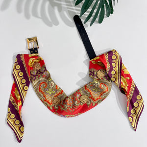 Vintage Gianni Versace Red & Gold Baroque Silk Belt with Medusa Medallions