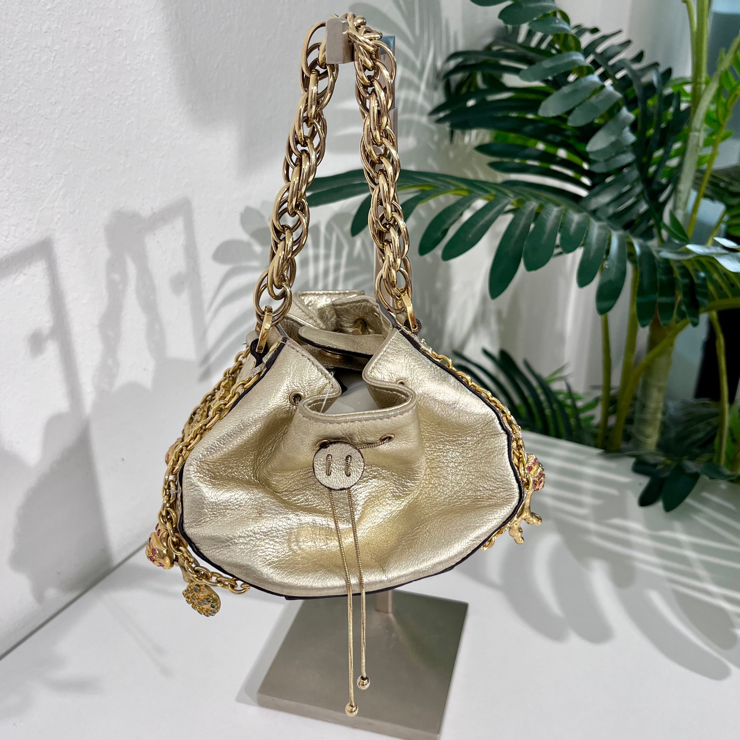 Versace Metallic Gold Python & Leather Mini Sea Shell Charm Bag
