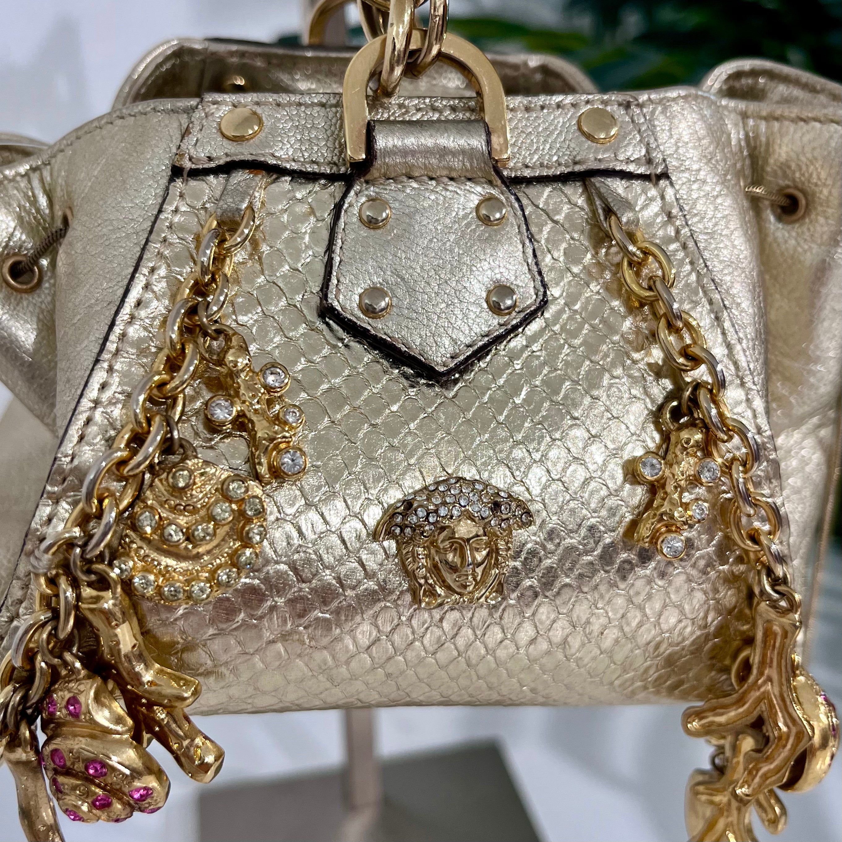 Versace Metallic Gold Python & Leather Mini Sea Shell Charm Bag