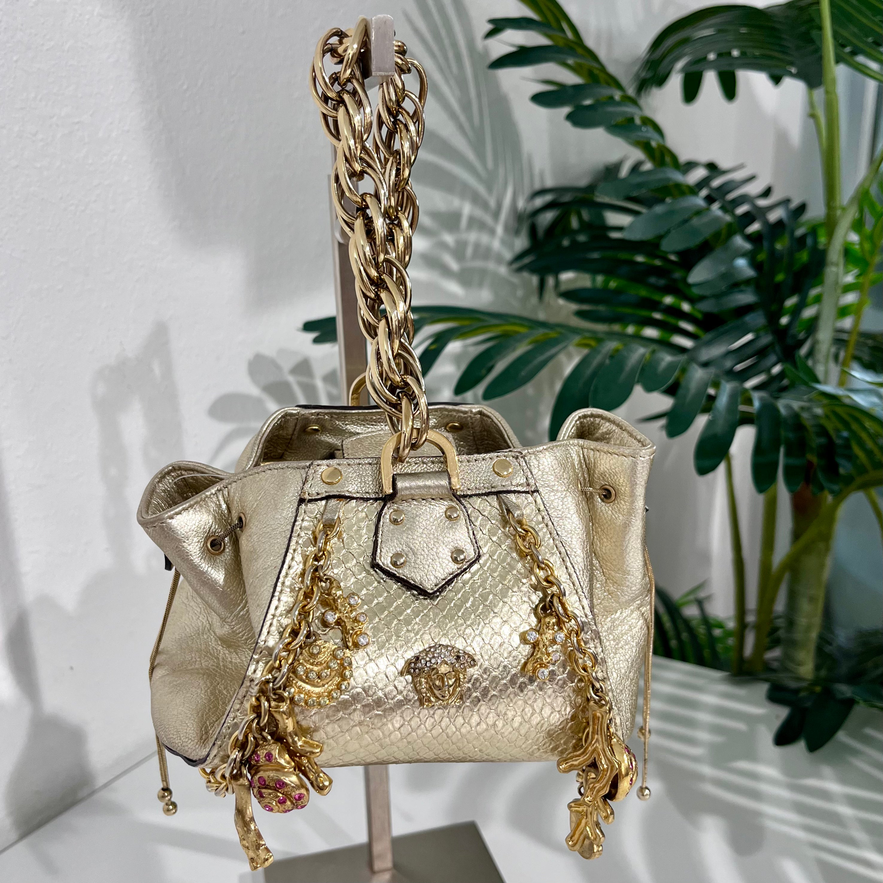 Versace Metallic Gold Python & Leather Mini Sea Shell Charm Bag