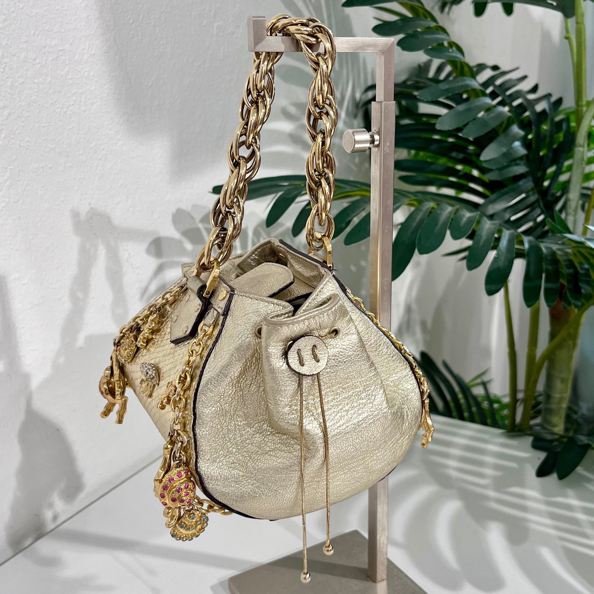 Versace Metallic Gold Python & Leather Mini Sea Shell Charm Bag