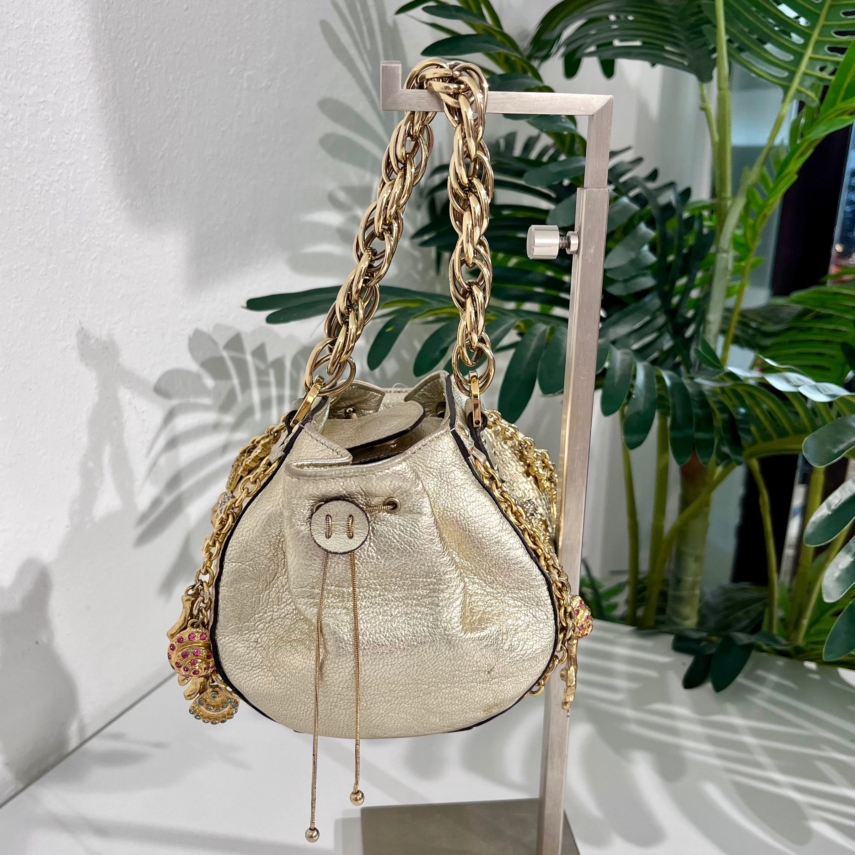 Versace Metallic Gold Python & Leather Mini Sea Shell Charm Bag