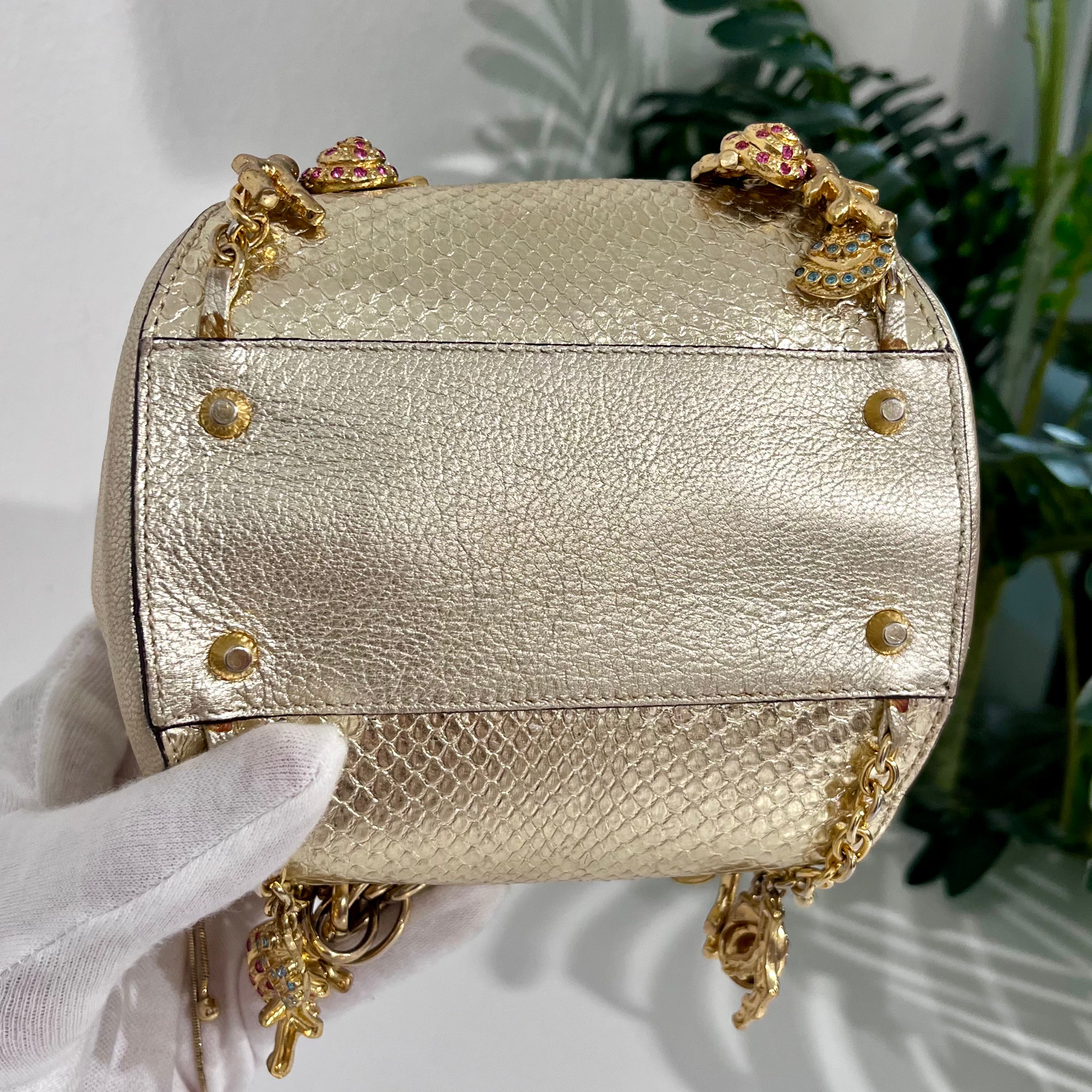 Versace Metallic Gold Python & Leather Mini Sea Shell Charm Bag