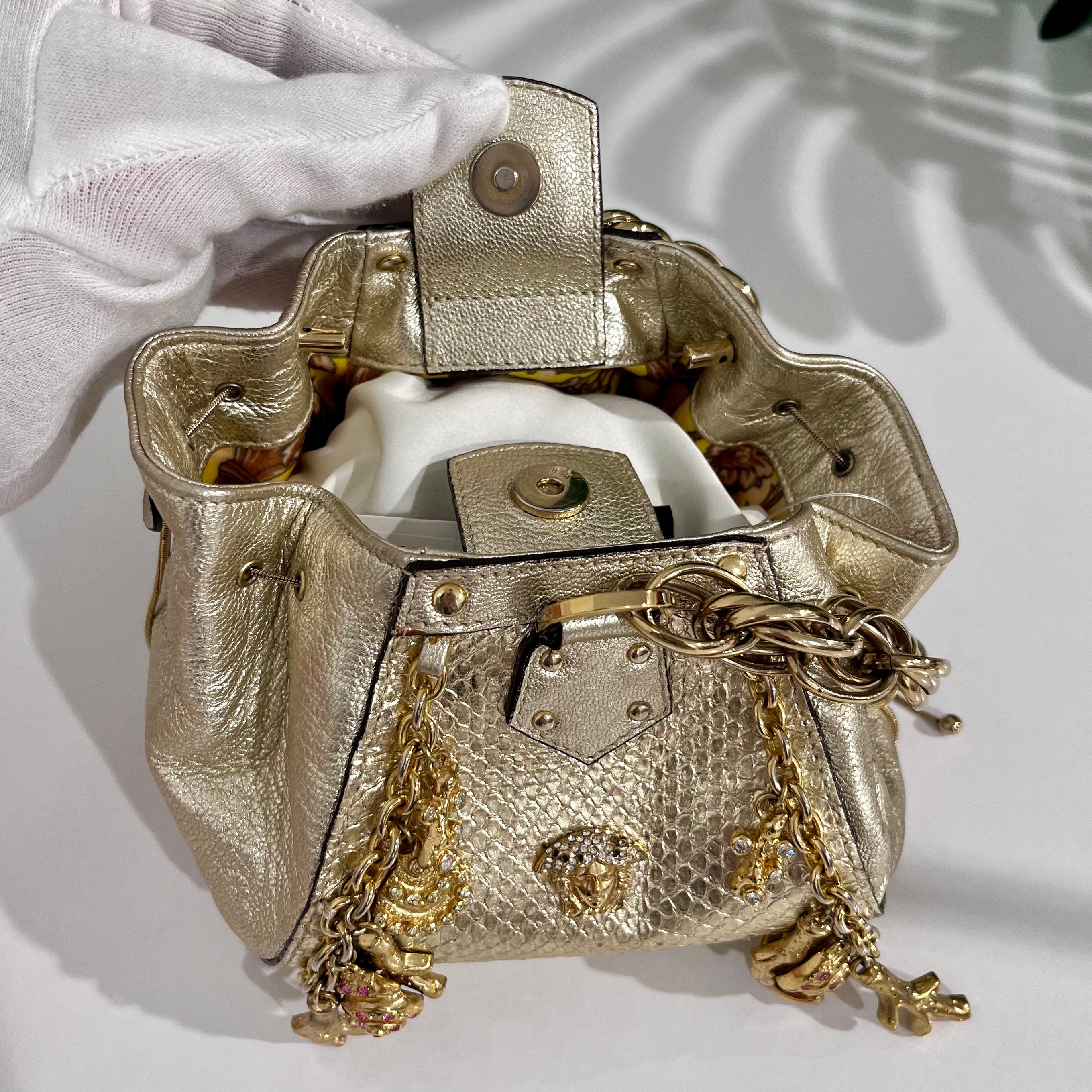 Versace Metallic Gold Python & Leather Mini Sea Shell Charm Bag