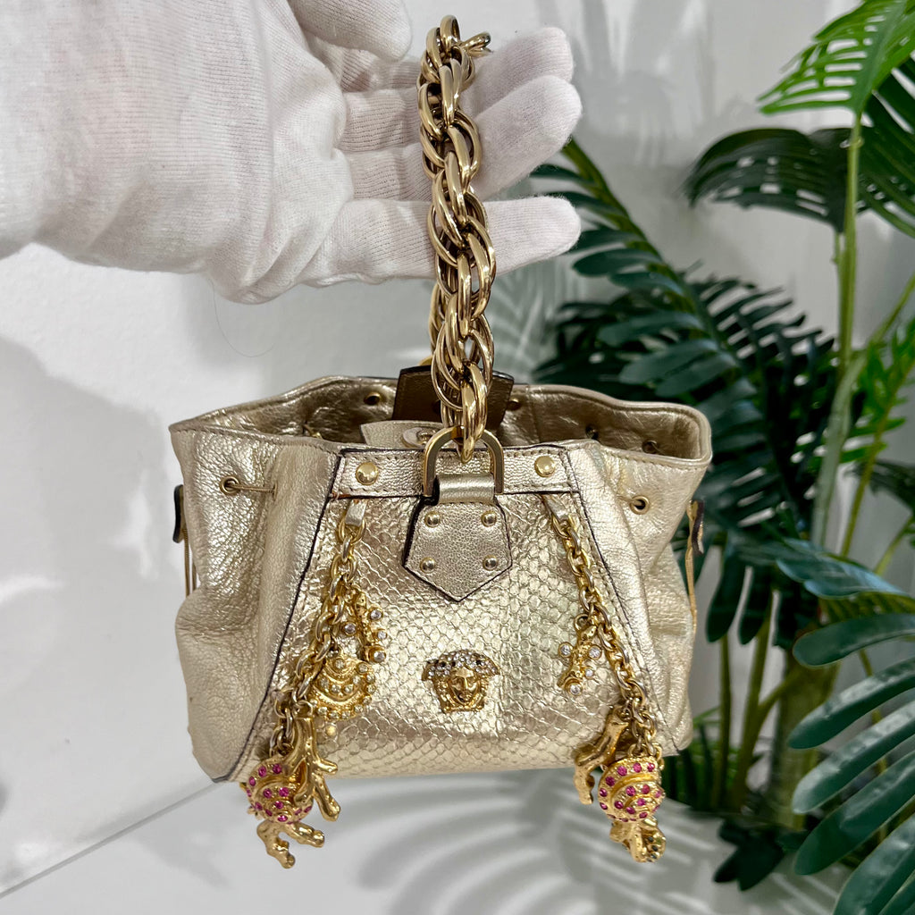Versace Metallic Gold Python & Leather Mini Sea Shell Charm Bag