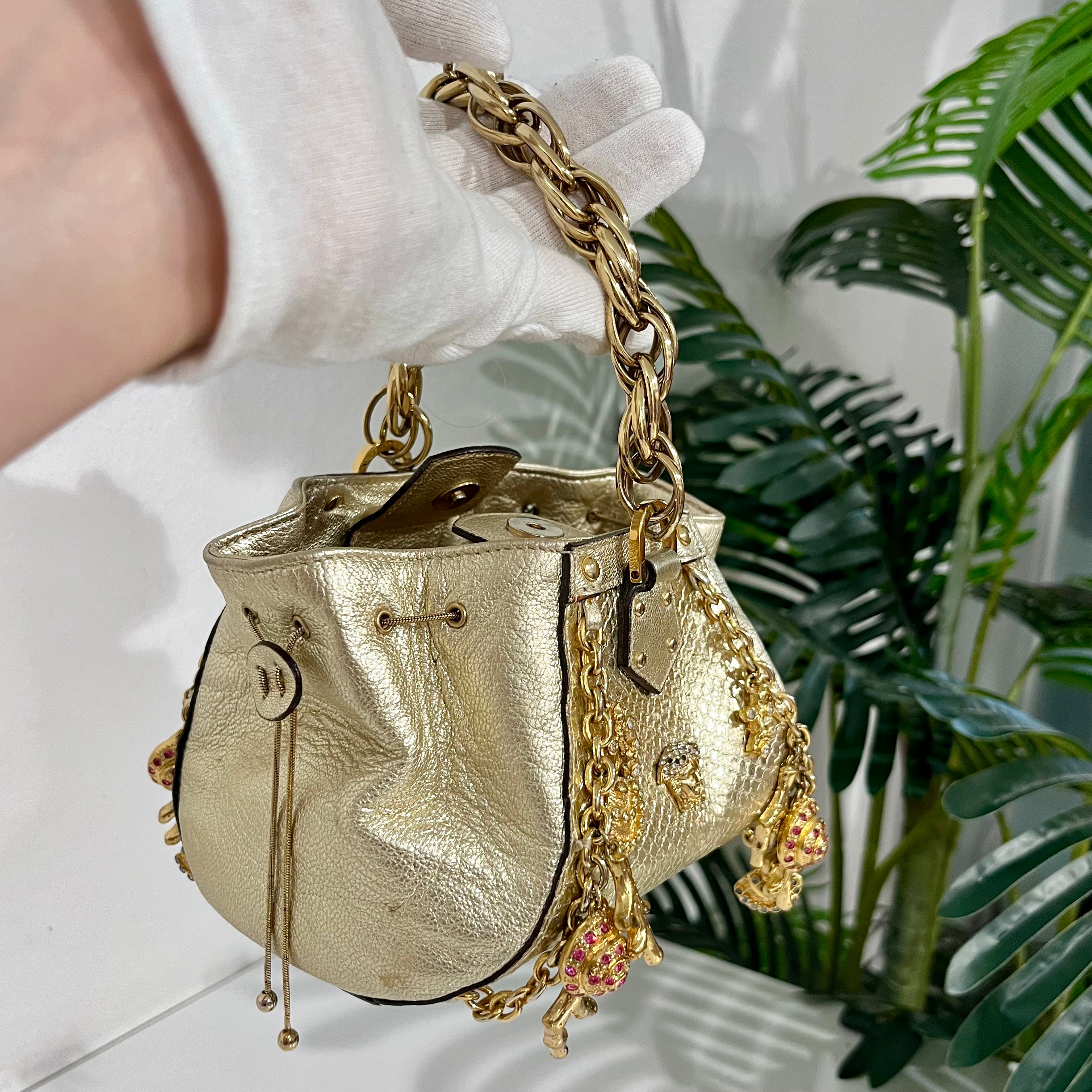 Versace Metallic Gold Python & Leather Mini Sea Shell Charm Bag