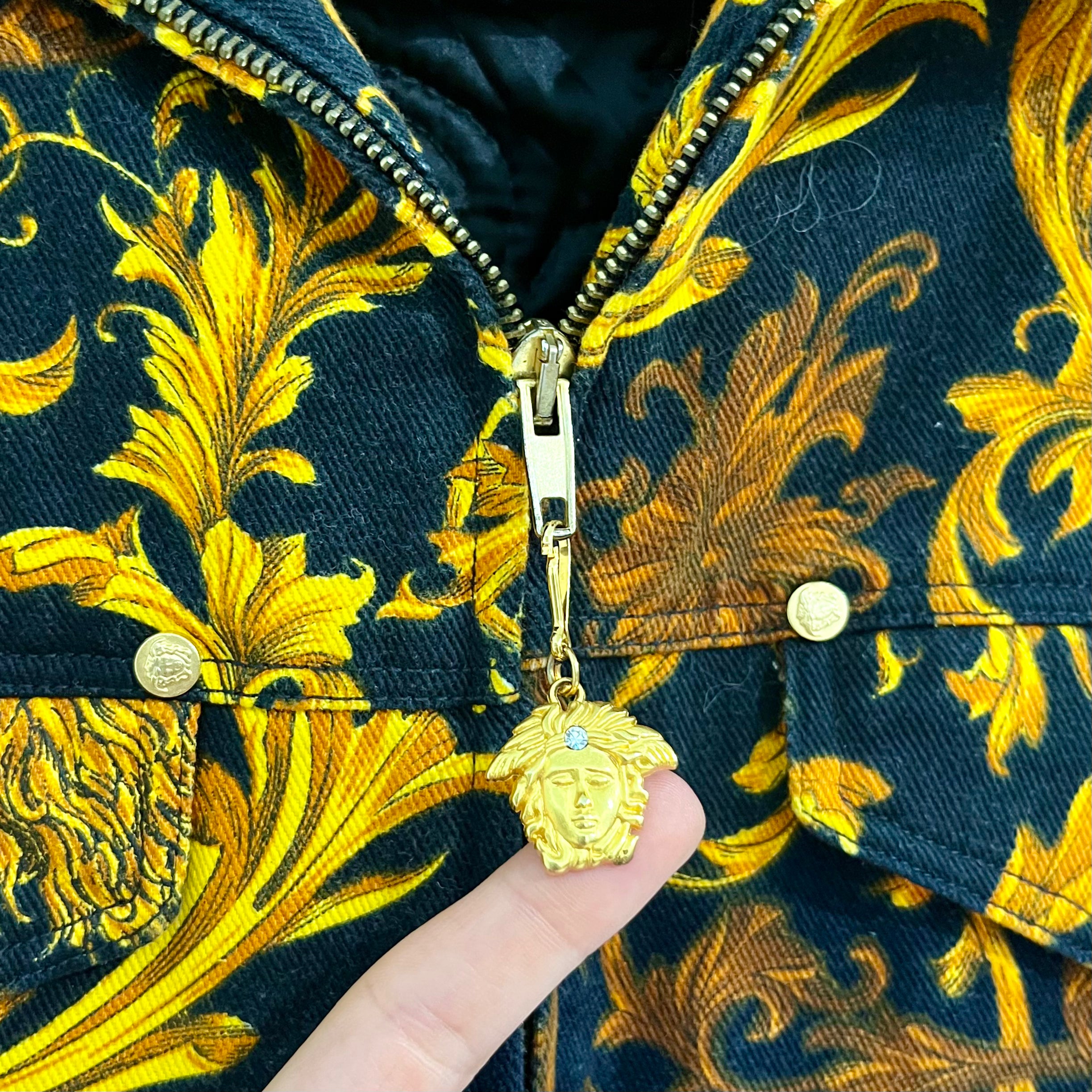 Vintage Versace Jeans Couture Black & Gold Baroque Cropped Denim Jacket