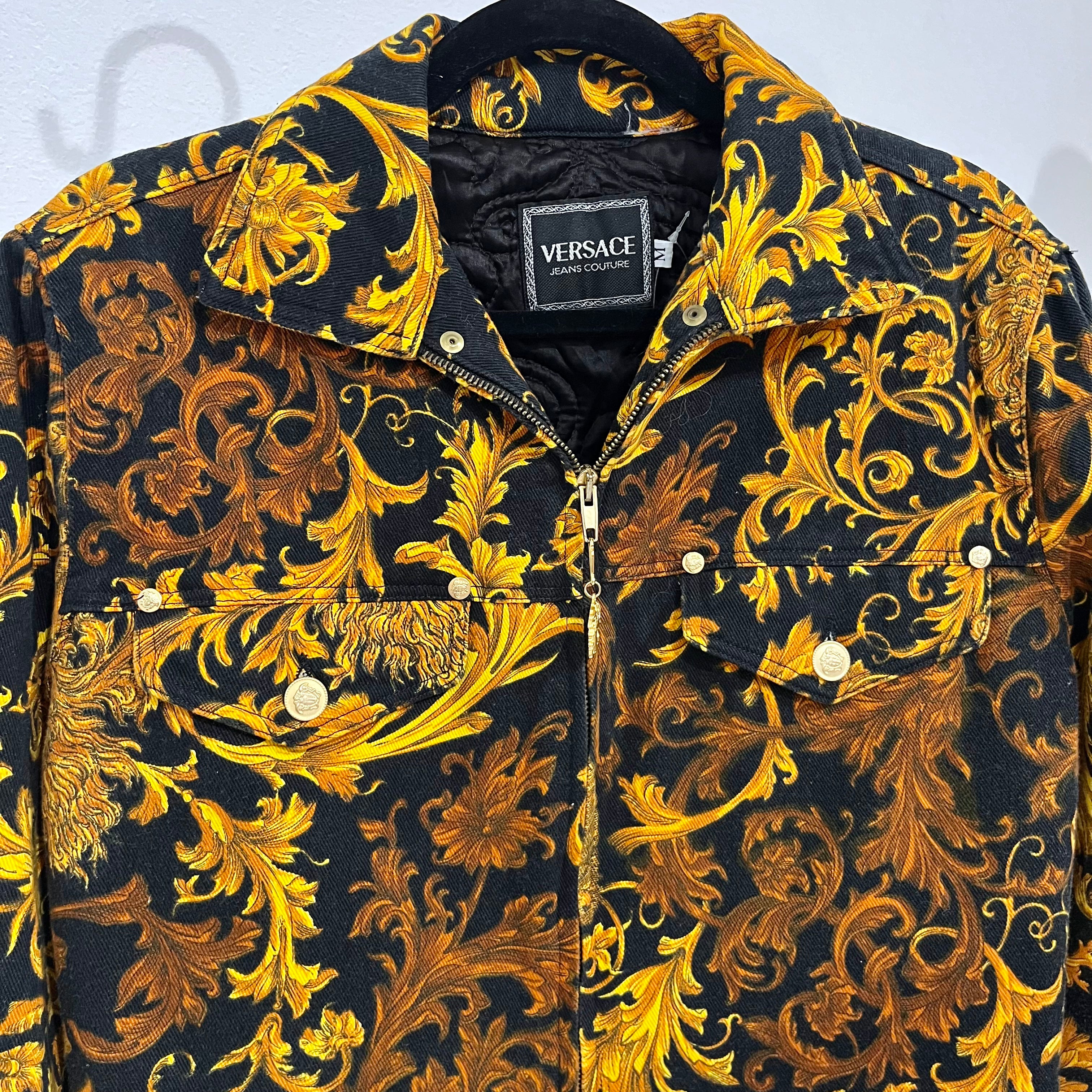 Vintage Versace Jeans Couture Black & Gold Baroque Cropped Denim Jacket