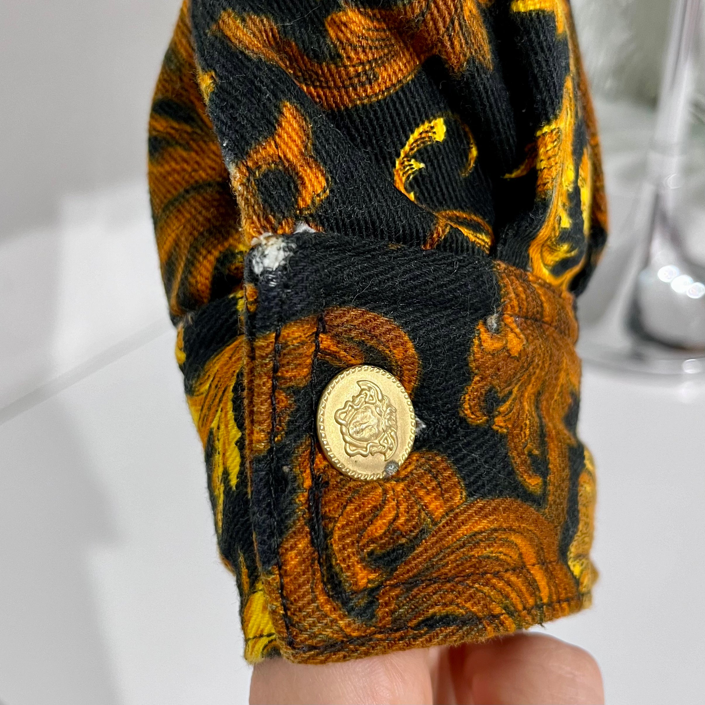Vintage Versace Jeans Couture Black & Gold Baroque Cropped Denim Jacket