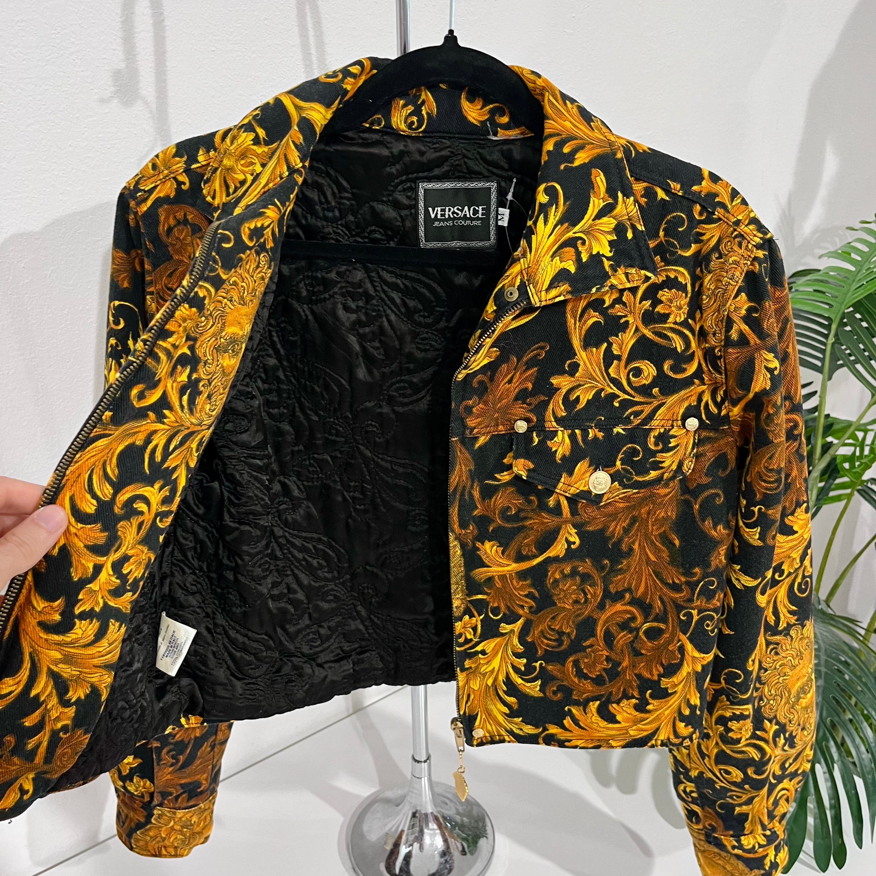 Vintage Versace Jeans Couture Black & Gold Baroque Cropped Denim Jacket