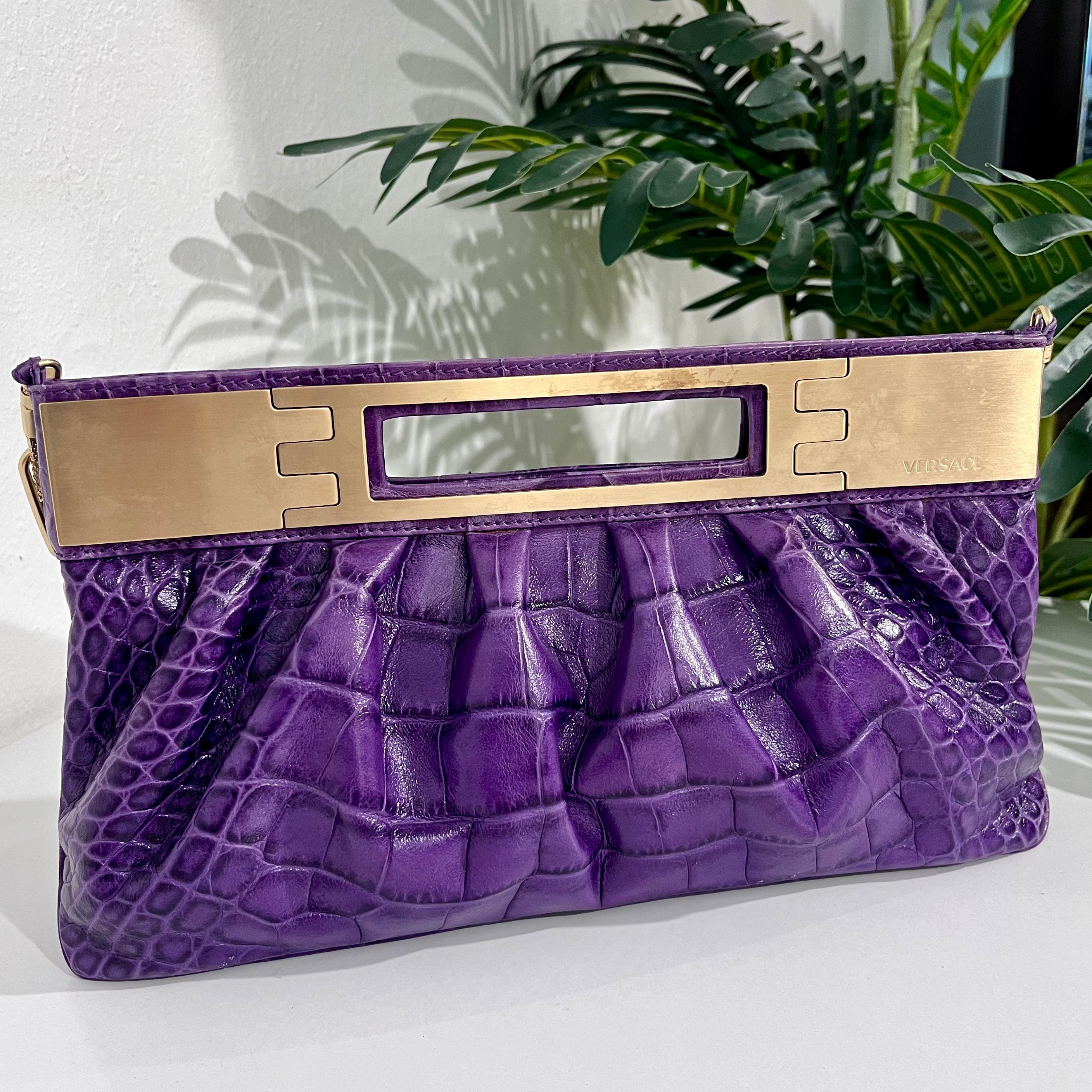 Versace F/W 2008 Purple Crocodile Embossed Leather & Gold Metal Clutch