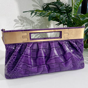 Versace F/W 2008 Purple Crocodile Embossed Leather & Gold Metal Clutch
