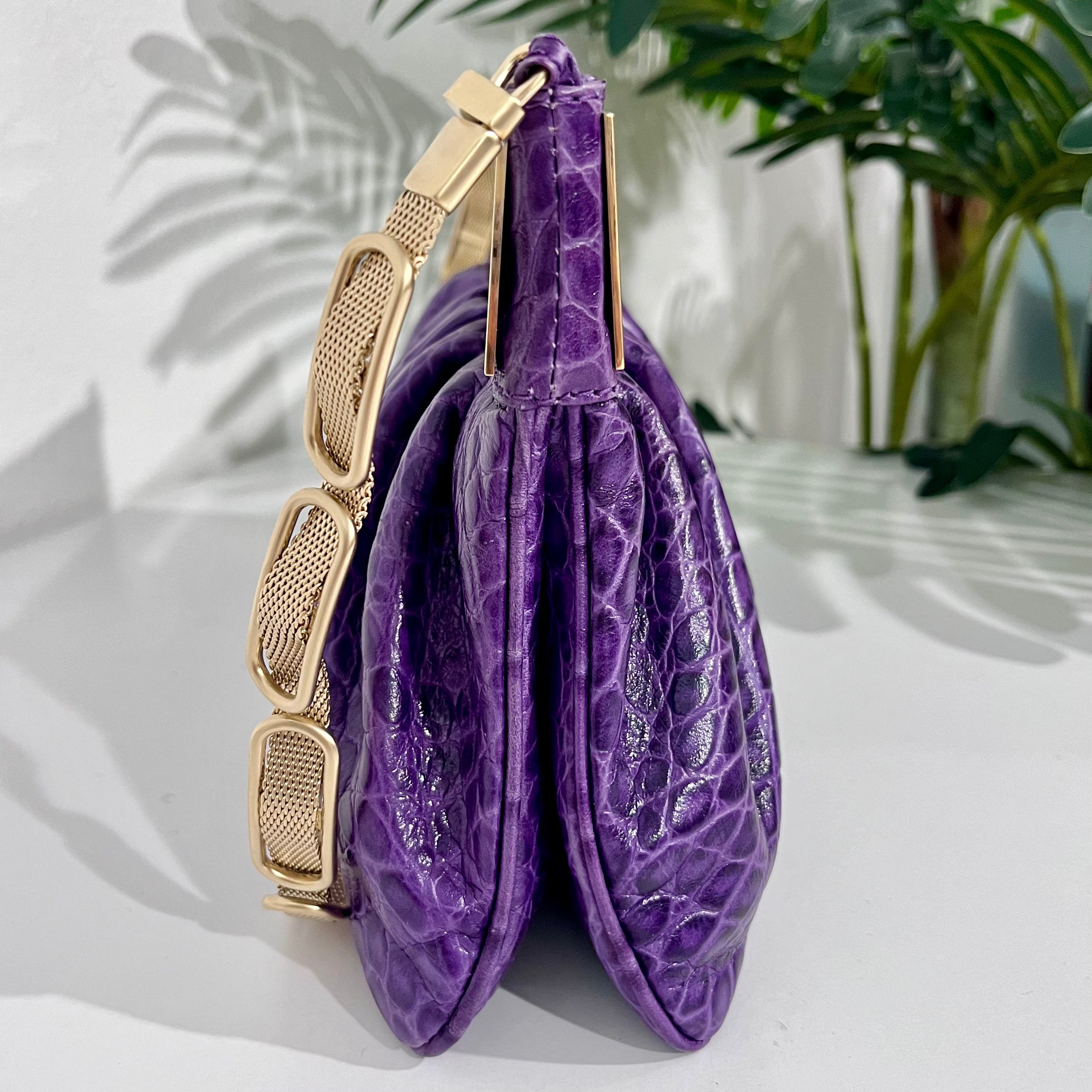 Versace F/W 2008 Purple Crocodile Embossed Leather & Gold Metal Clutch