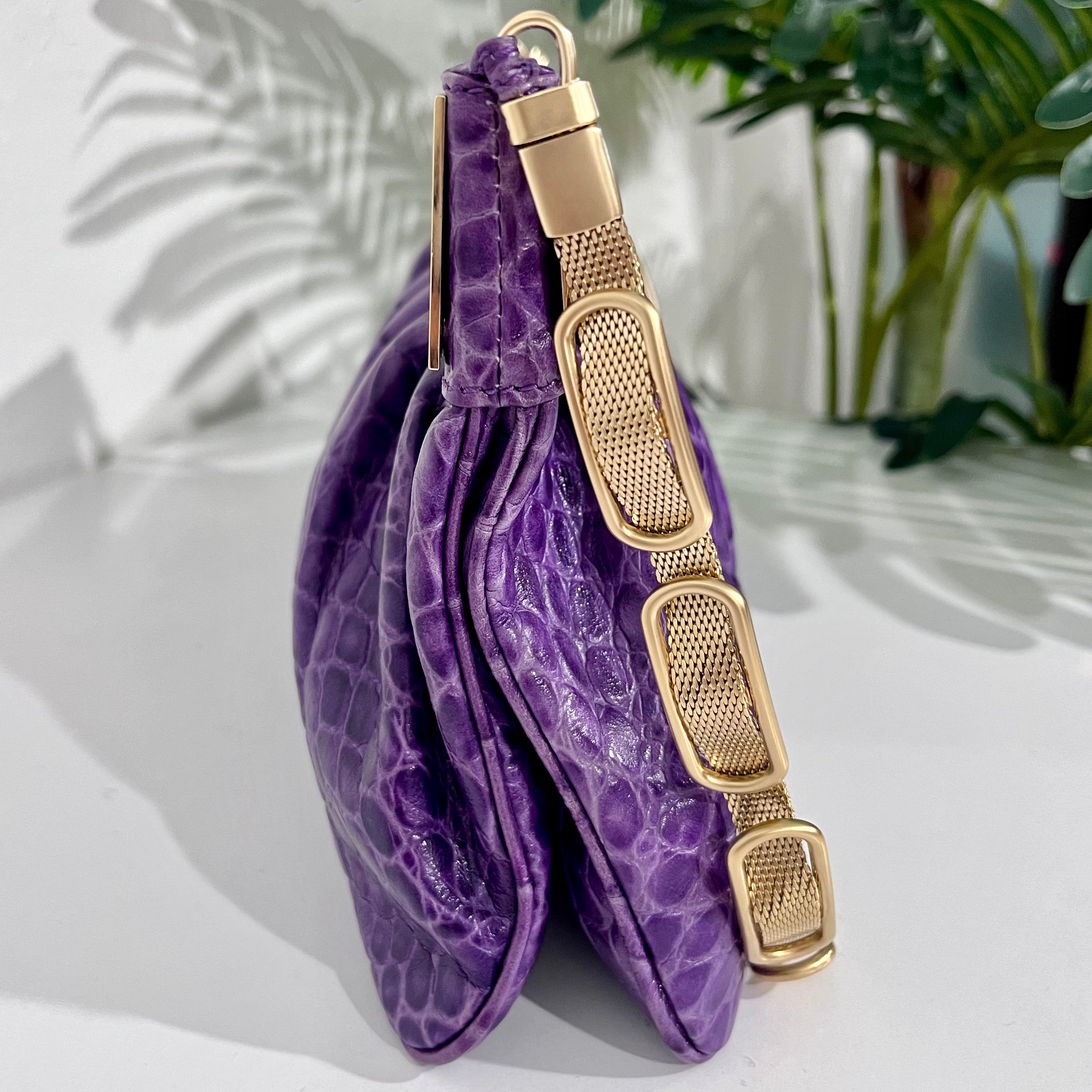 Versace F/W 2008 Purple Crocodile Embossed Leather & Gold Metal Clutch