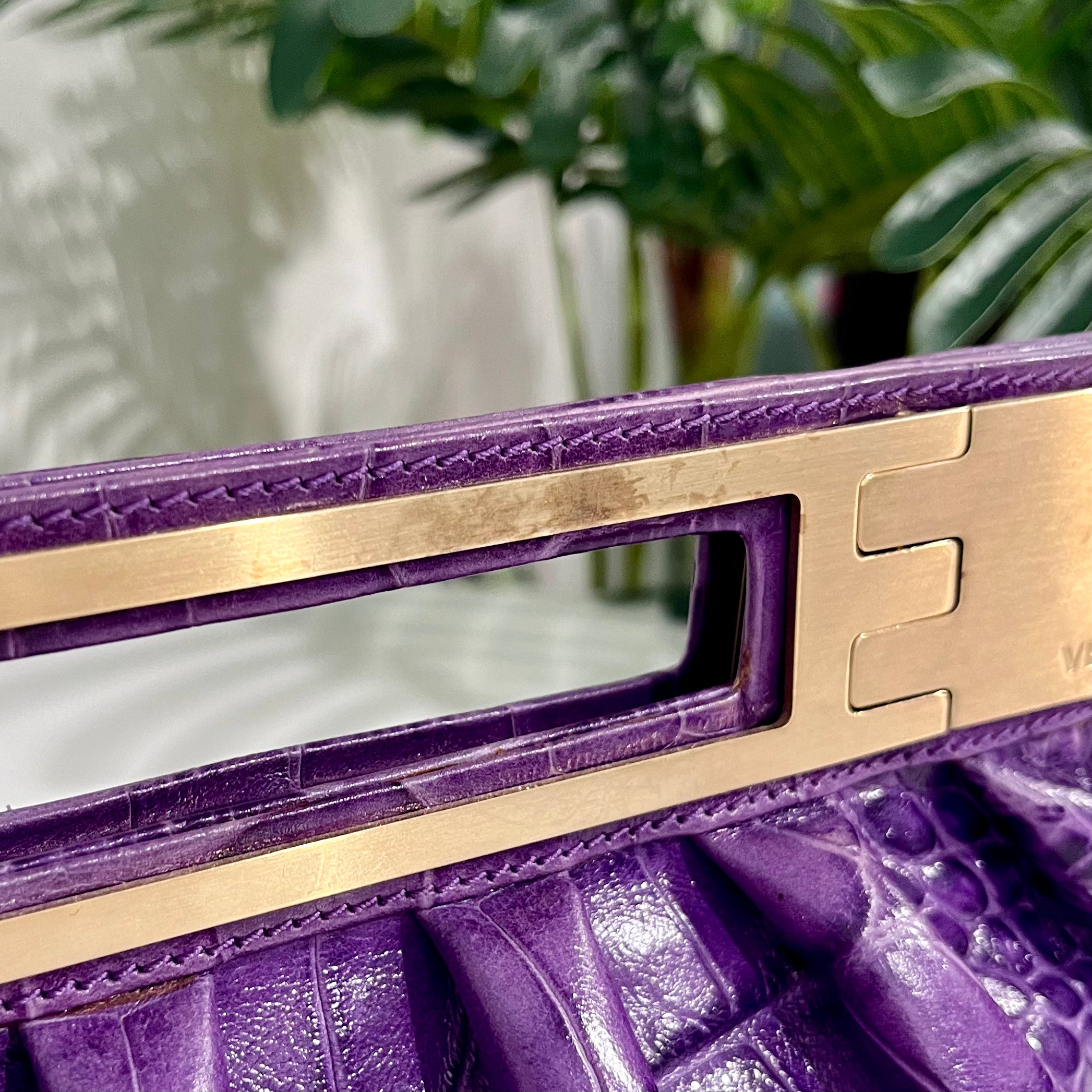 Versace F/W 2008 Purple Crocodile Embossed Leather & Gold Metal Clutch