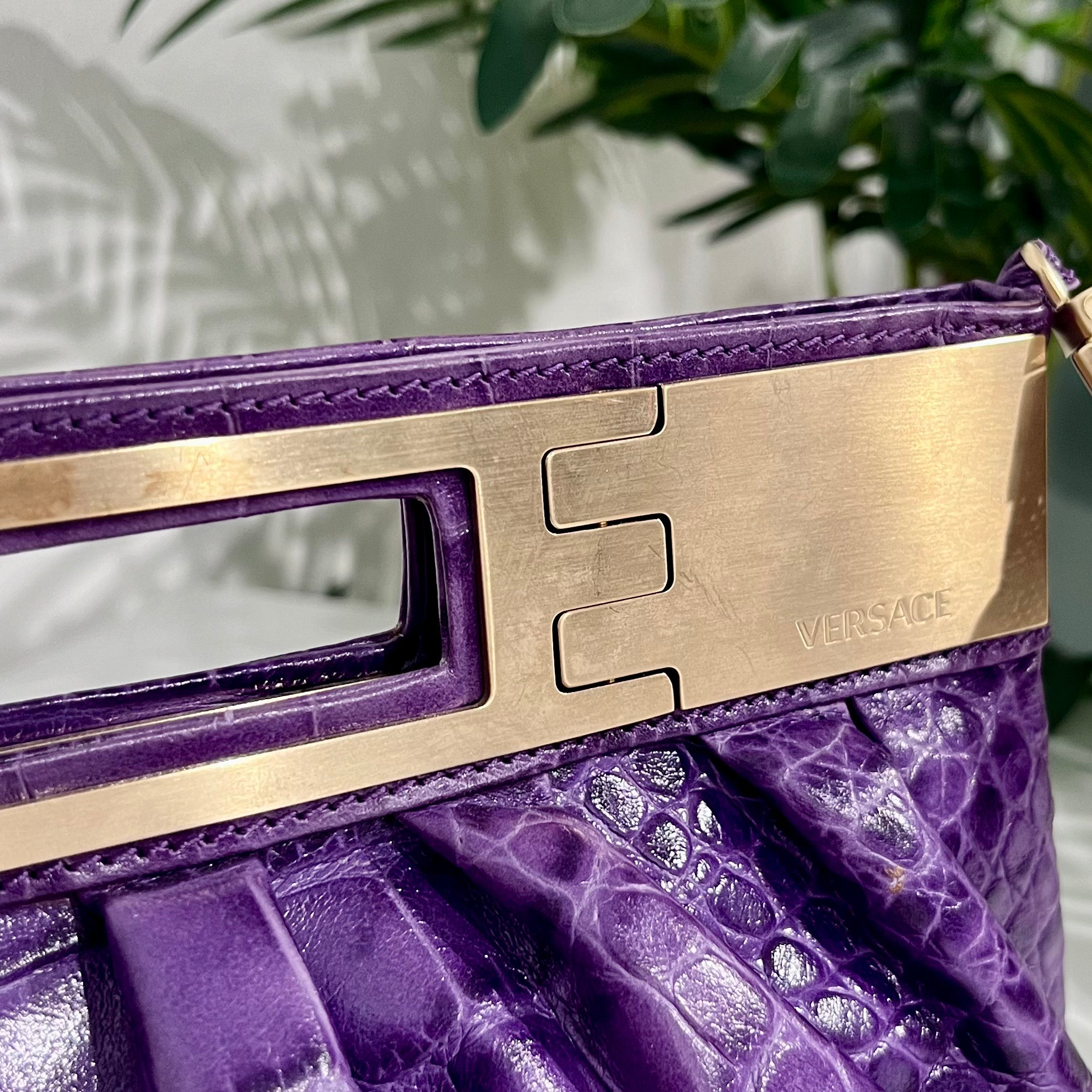 Versace F/W 2008 Purple Crocodile Embossed Leather & Gold Metal Clutch