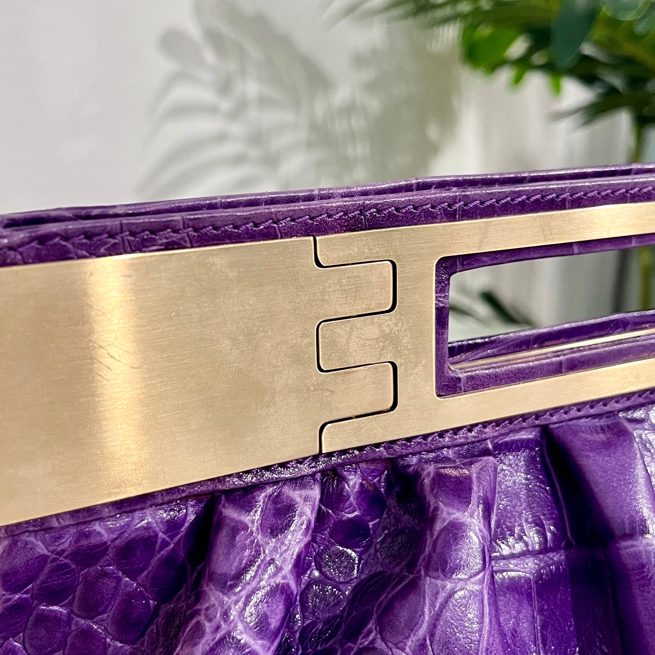 Versace F/W 2008 Purple Crocodile Embossed Leather & Gold Metal Clutch
