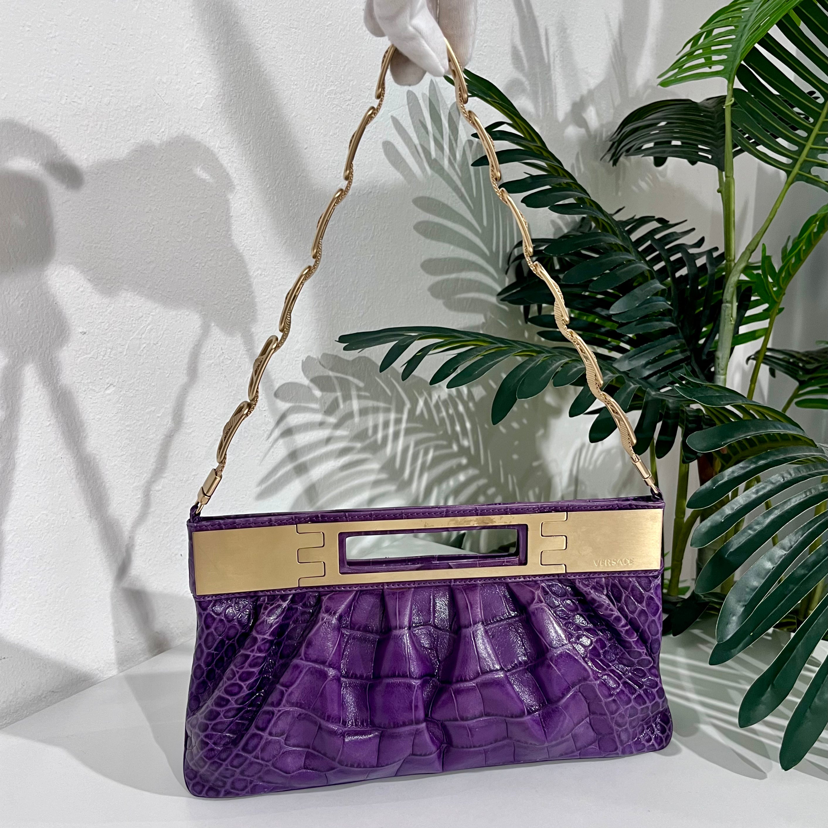 Versace F/W 2008 Purple Crocodile Embossed Leather & Gold Metal Clutch