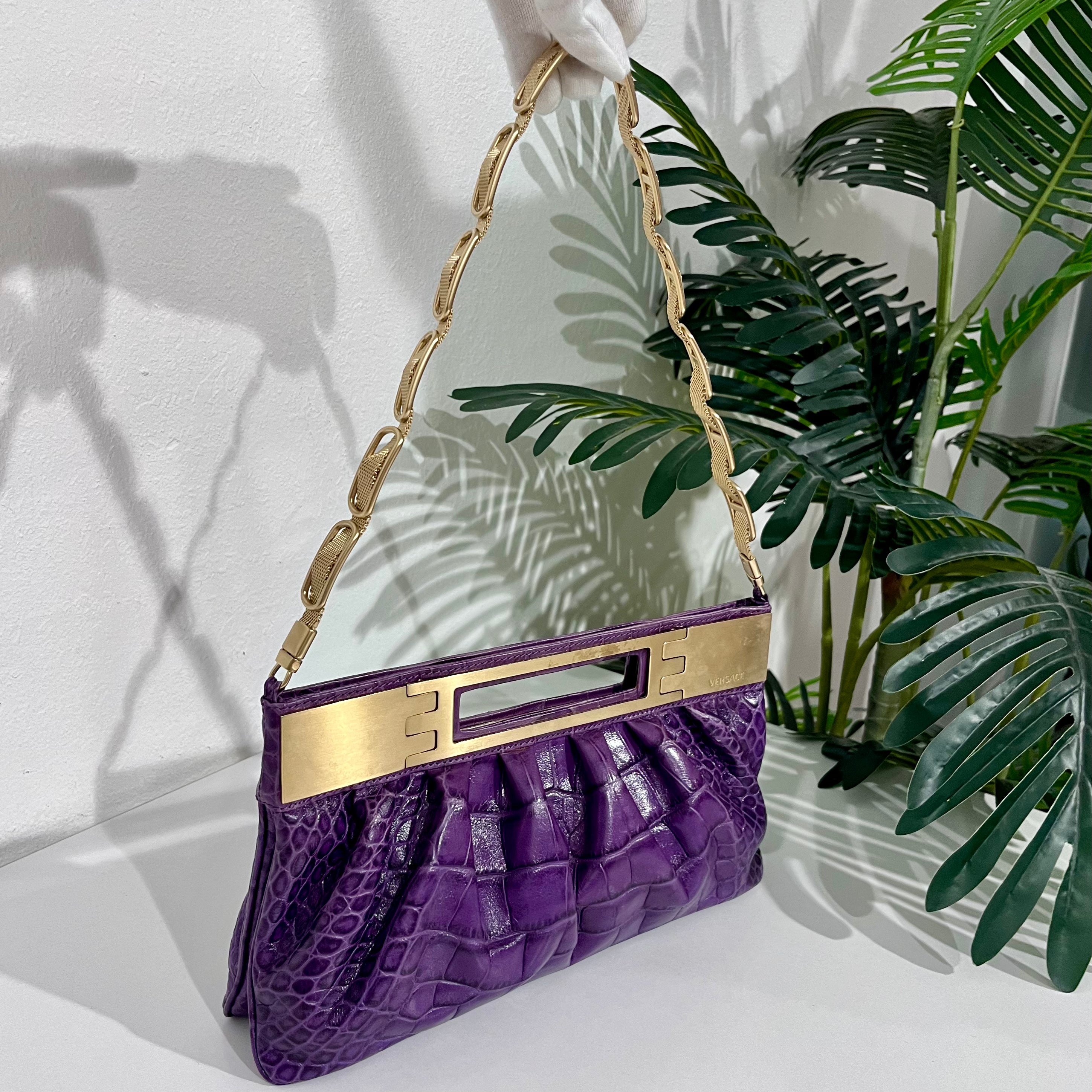 Versace F/W 2008 Purple Crocodile Embossed Leather & Gold Metal Clutch