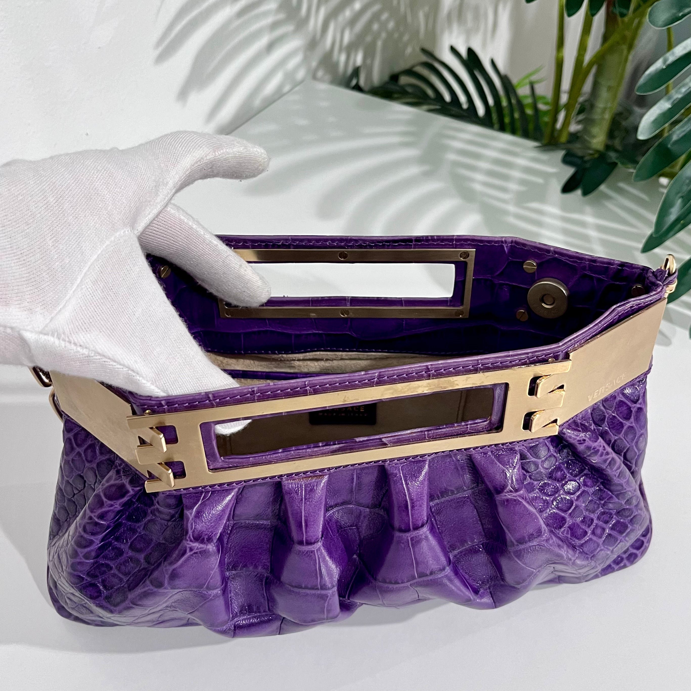 Versace F/W 2008 Purple Crocodile Embossed Leather & Gold Metal Clutch