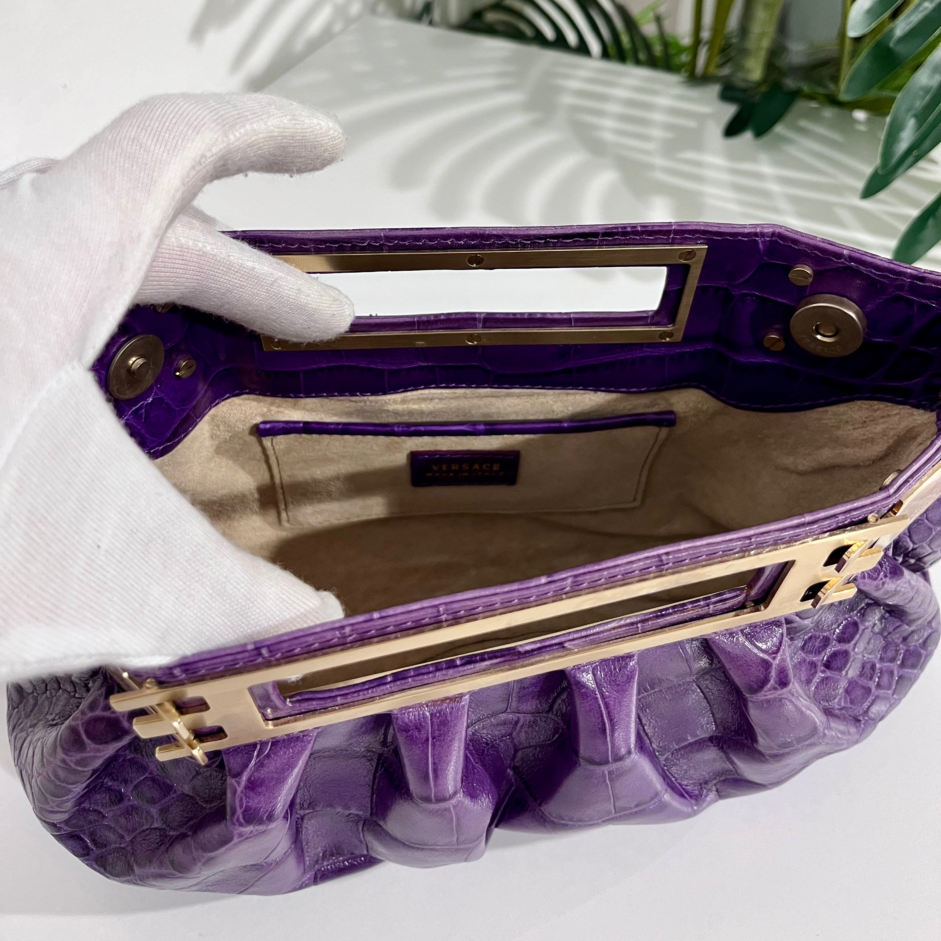 Versace F/W 2008 Purple Crocodile Embossed Leather & Gold Metal Clutch
