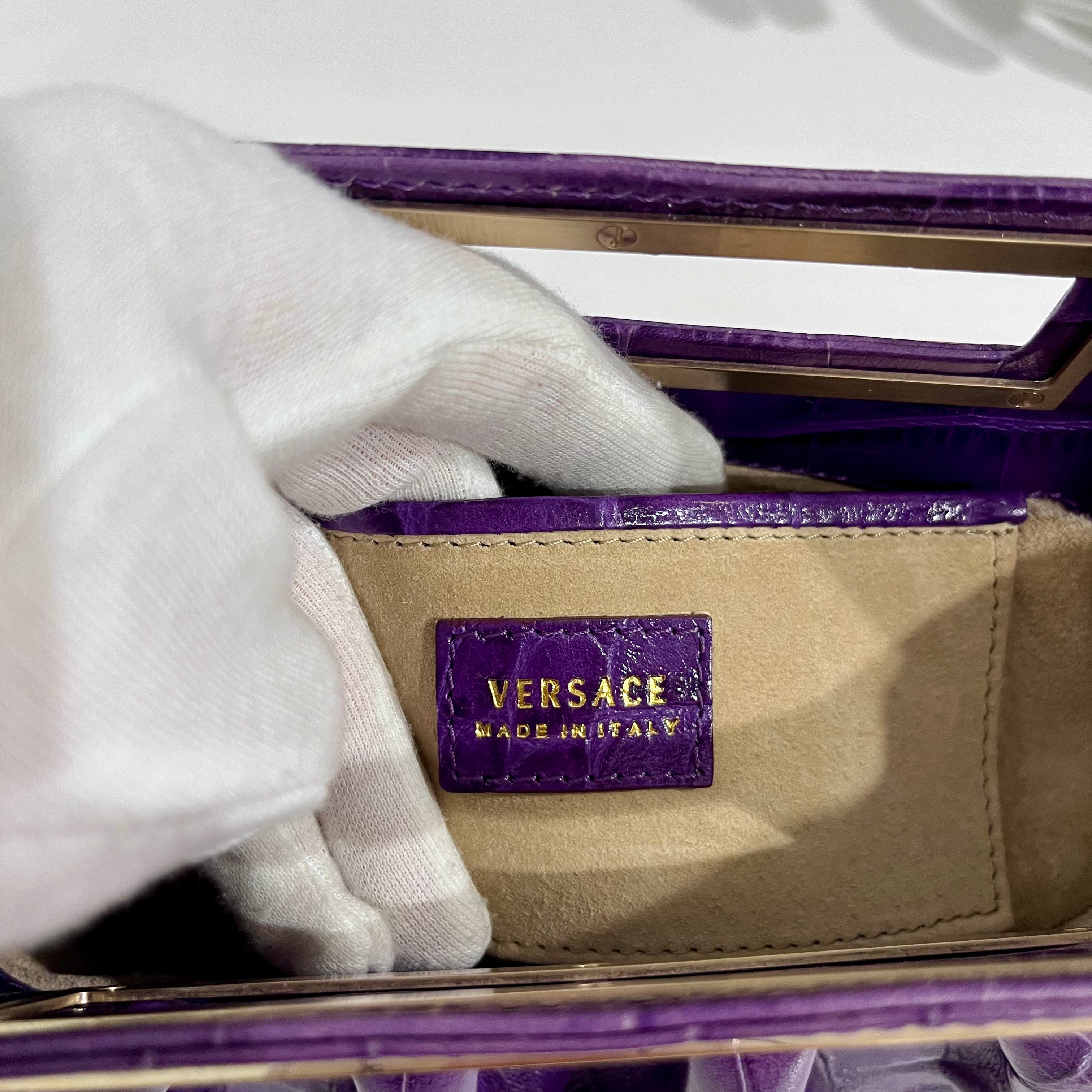 Versace F/W 2008 Purple Crocodile Embossed Leather & Gold Metal Clutch
